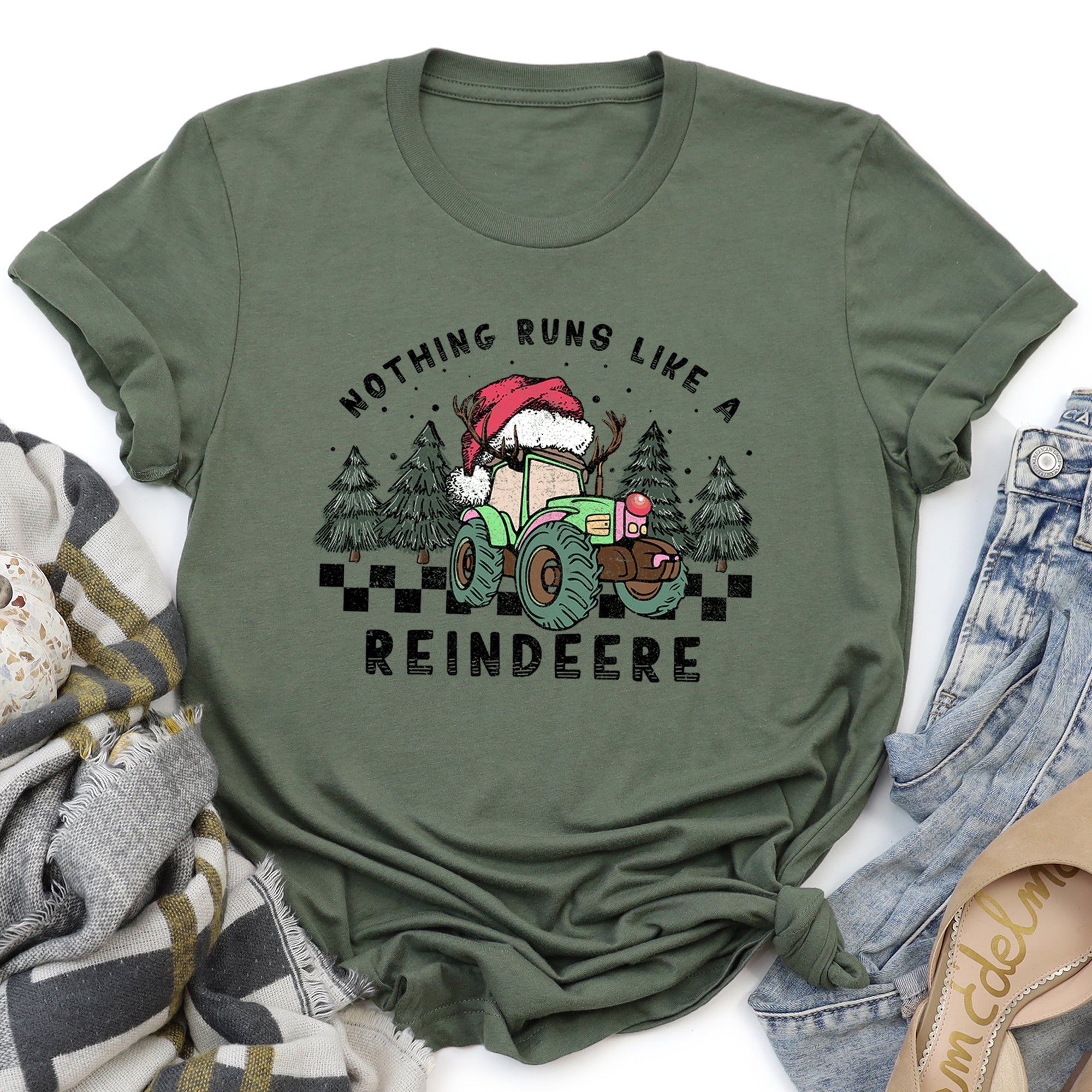 Nothing Runs Like A Reindeer Deere Christmas Tractor Farm Life Holiday Edition Graphic Tee