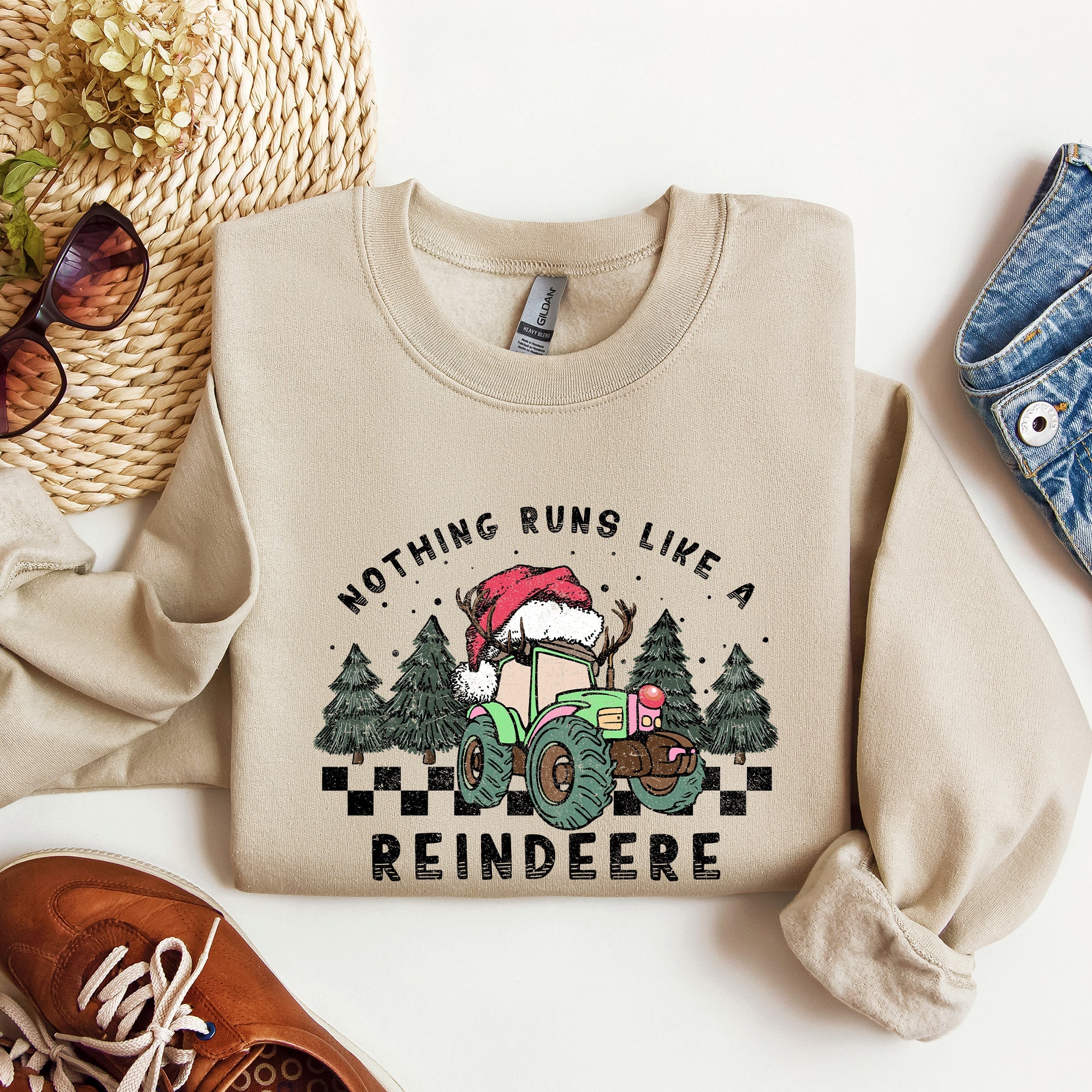 Nothing Runs Like A Reindeere Deere Christmas Tractor Farm Life Festive Sweatshirt