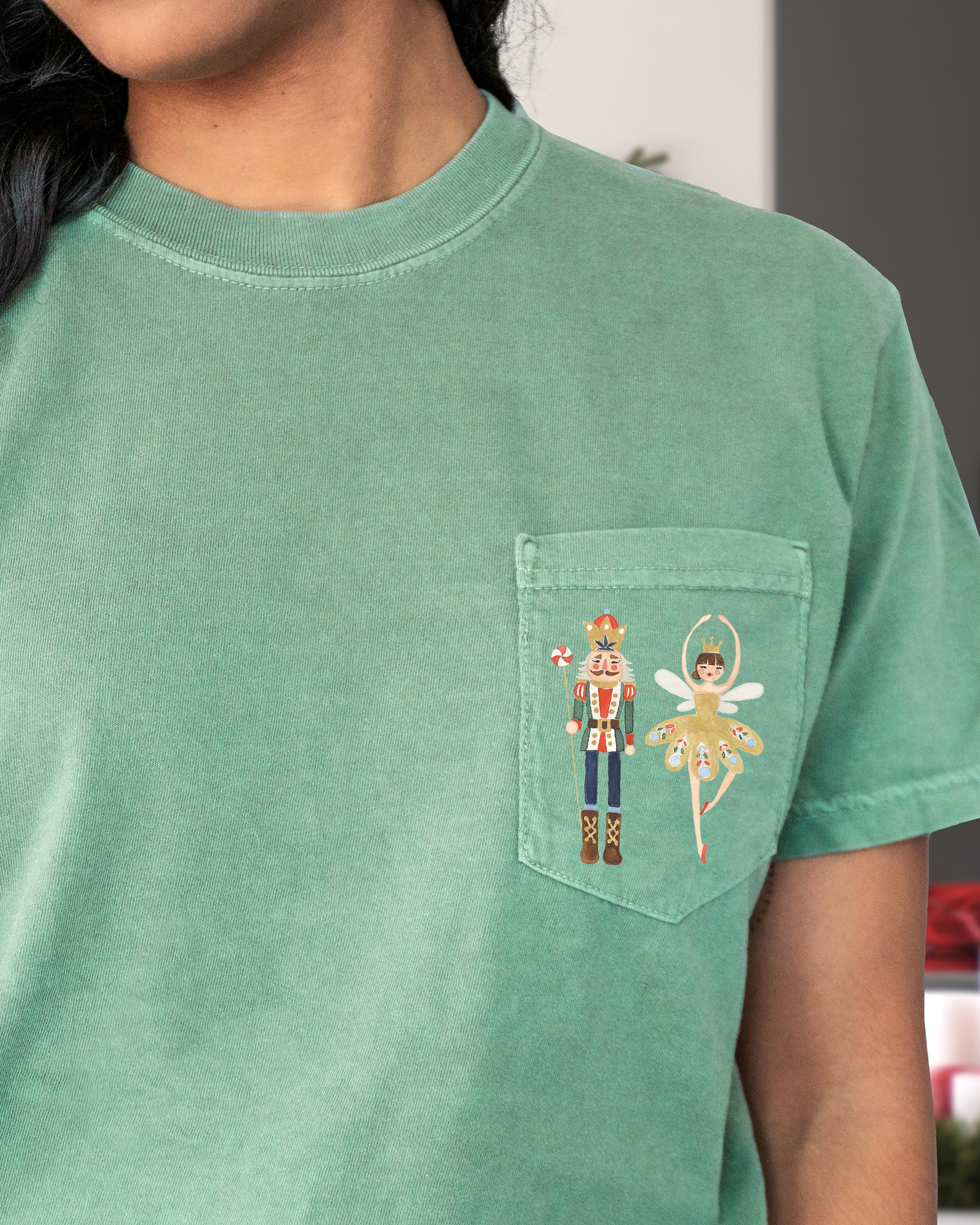Nutcracker Ballet Ballerina Pocket Christmas Winter Snow Santa Xmas Comfort Colors Tee