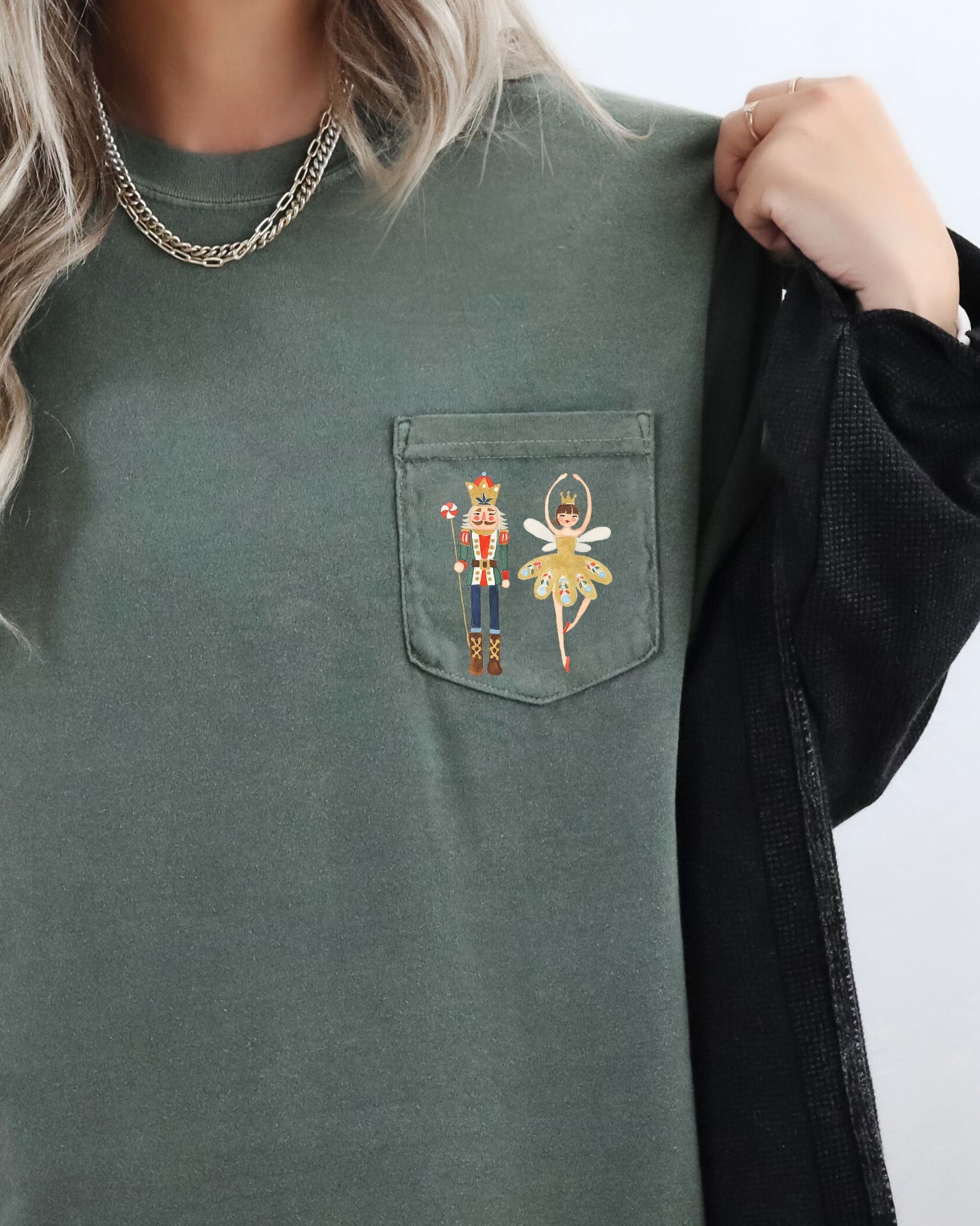 Nutcracker Ballet Ballerina Pocket Christmas Winter Snow Santa Xmas Comfort Colors Tee