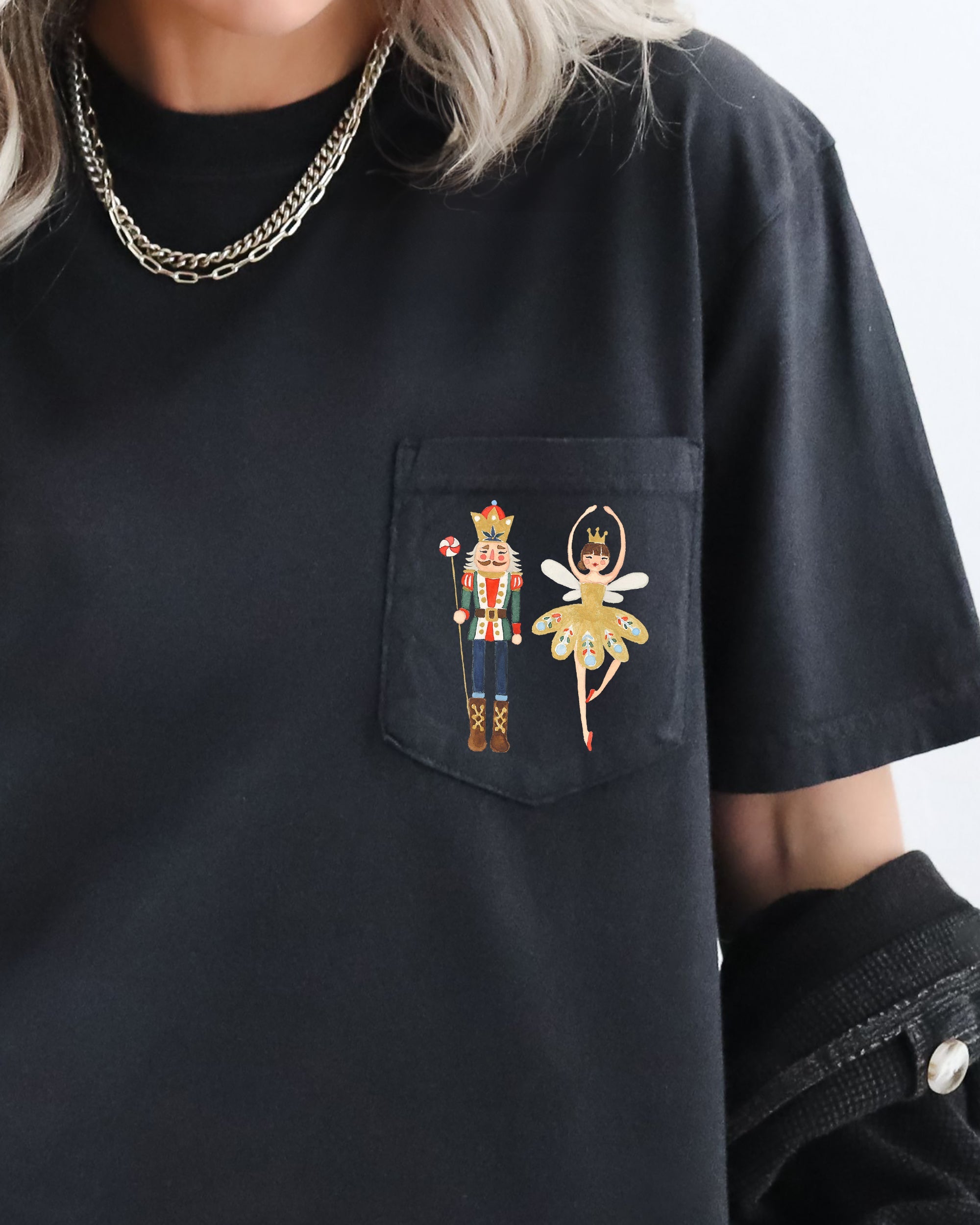 Nutcracker Ballet Ballerina Pocket Christmas Winter Snow Santa Xmas Comfort Colors Tee