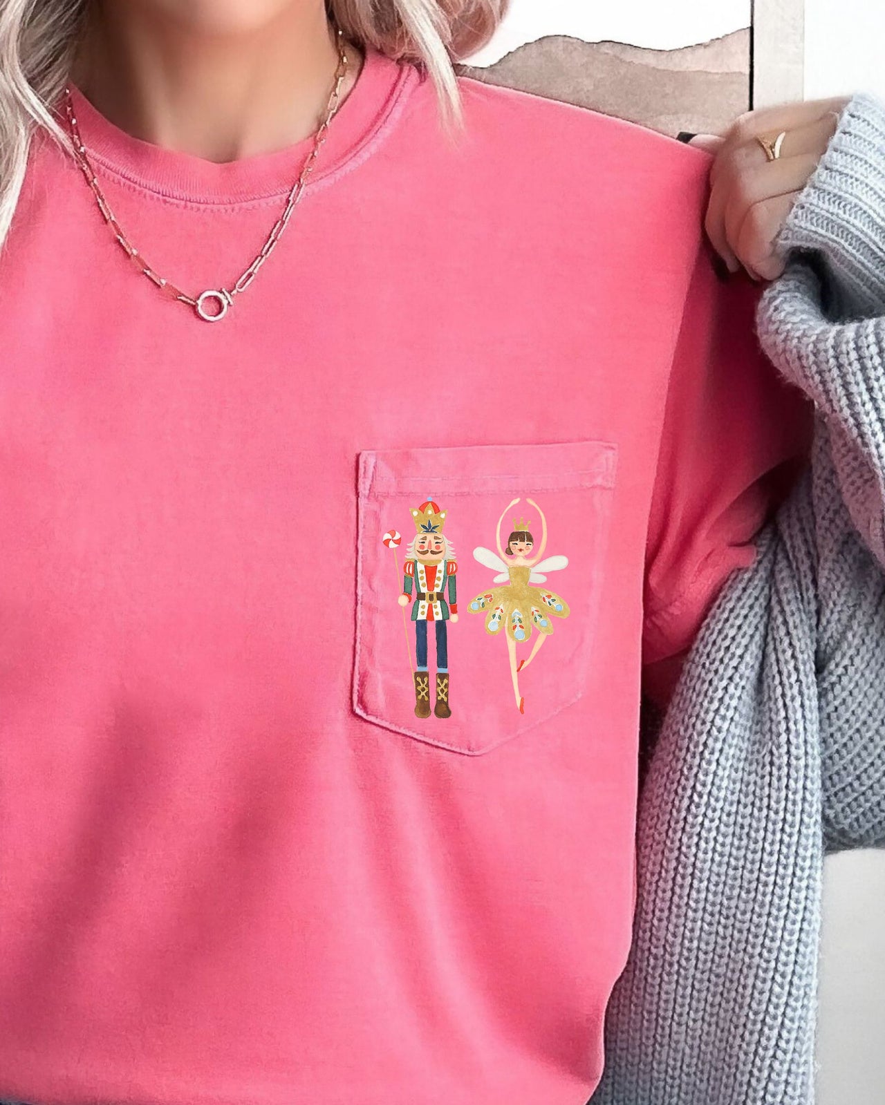 Nutcracker Ballet Ballerina Pocket Christmas Winter Snow Santa Xmas Comfort Colors Tee