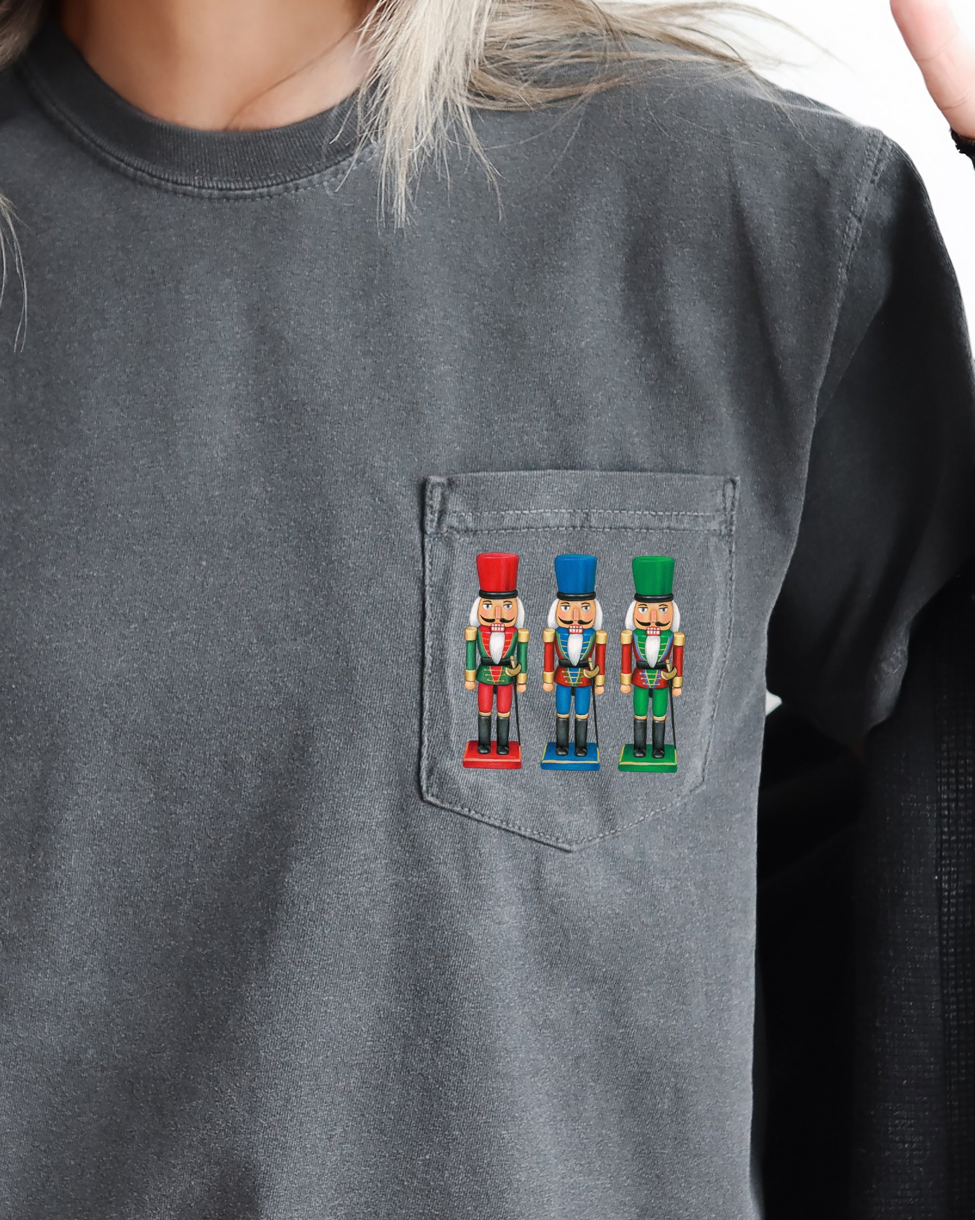 Nutcrackers Pocket Christmas Santa Snow Xmas Cozy Holiday Keepsakes Comfort Colors Tee