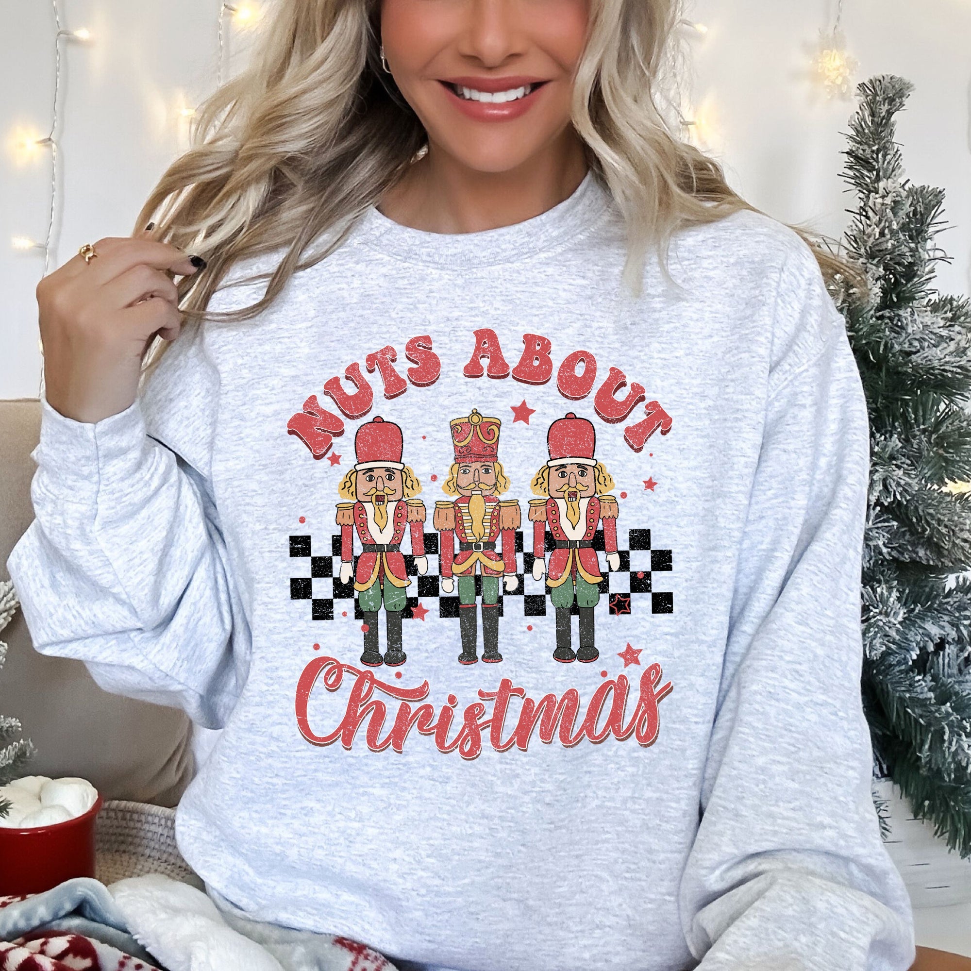 Nuts About Christmas Nutcrackers Retro Checkered Festive Holiday Edition Sweatshirt