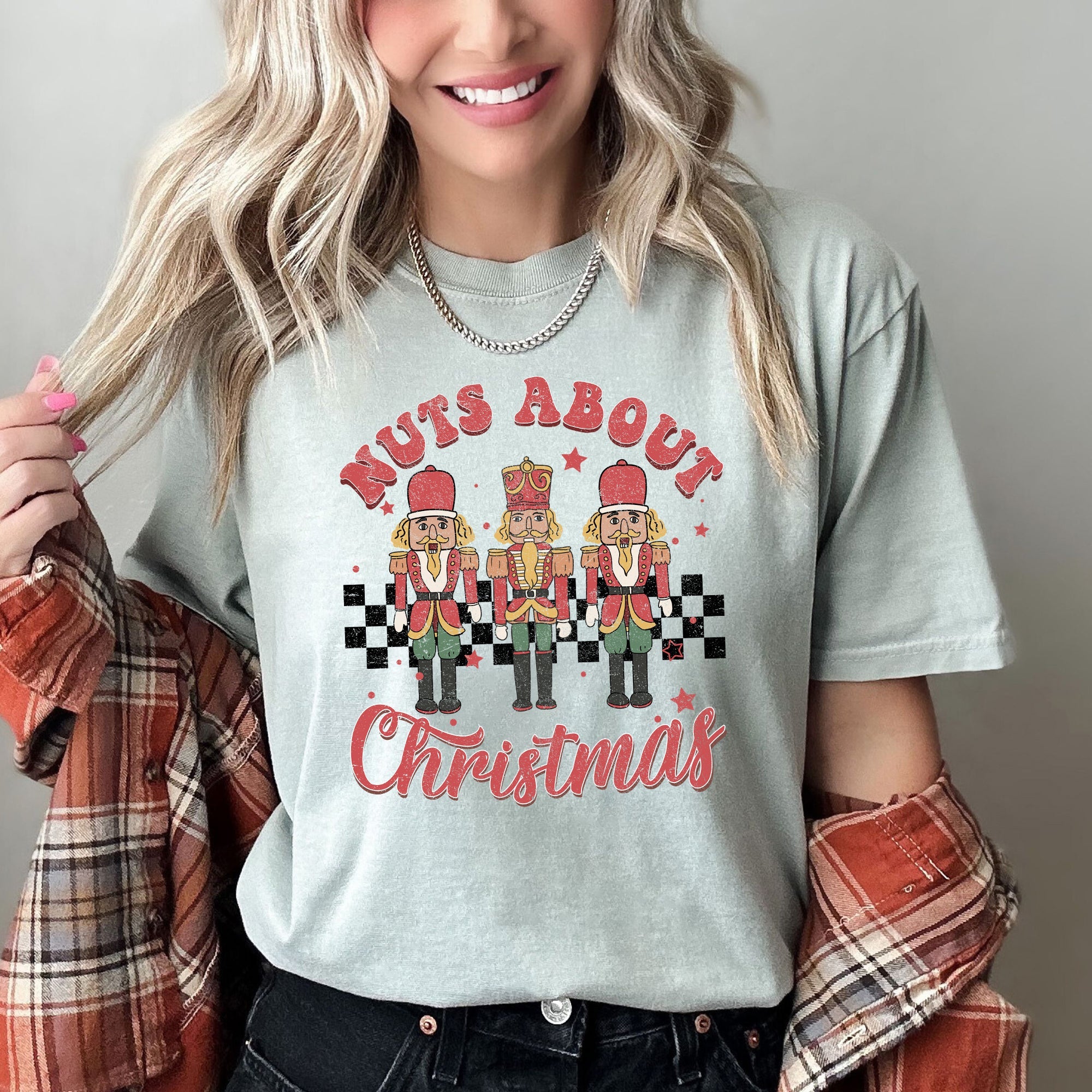 Nuts About Christmas Nutcrackers Retro Checkered Pattern Holiday Vibe Comfort Colors Tee