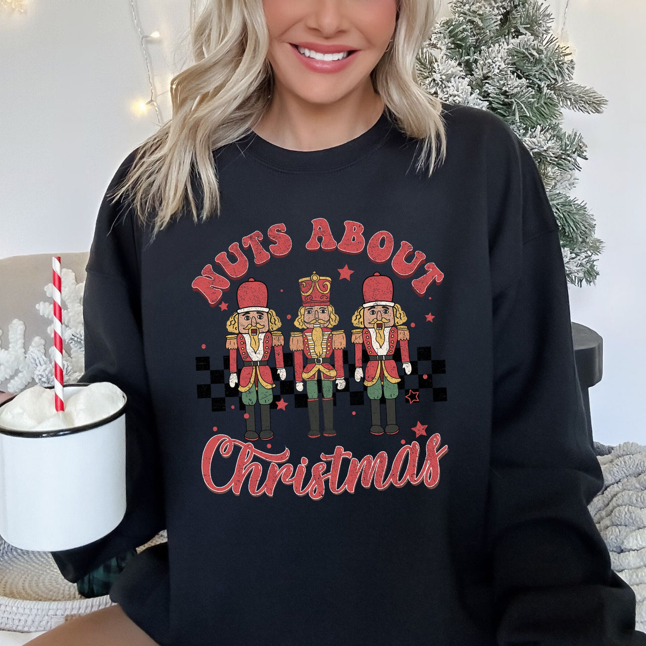 Nuts About Christmas Nutcrackers Retro Checkered Festive Holiday Edition Sweatshirt