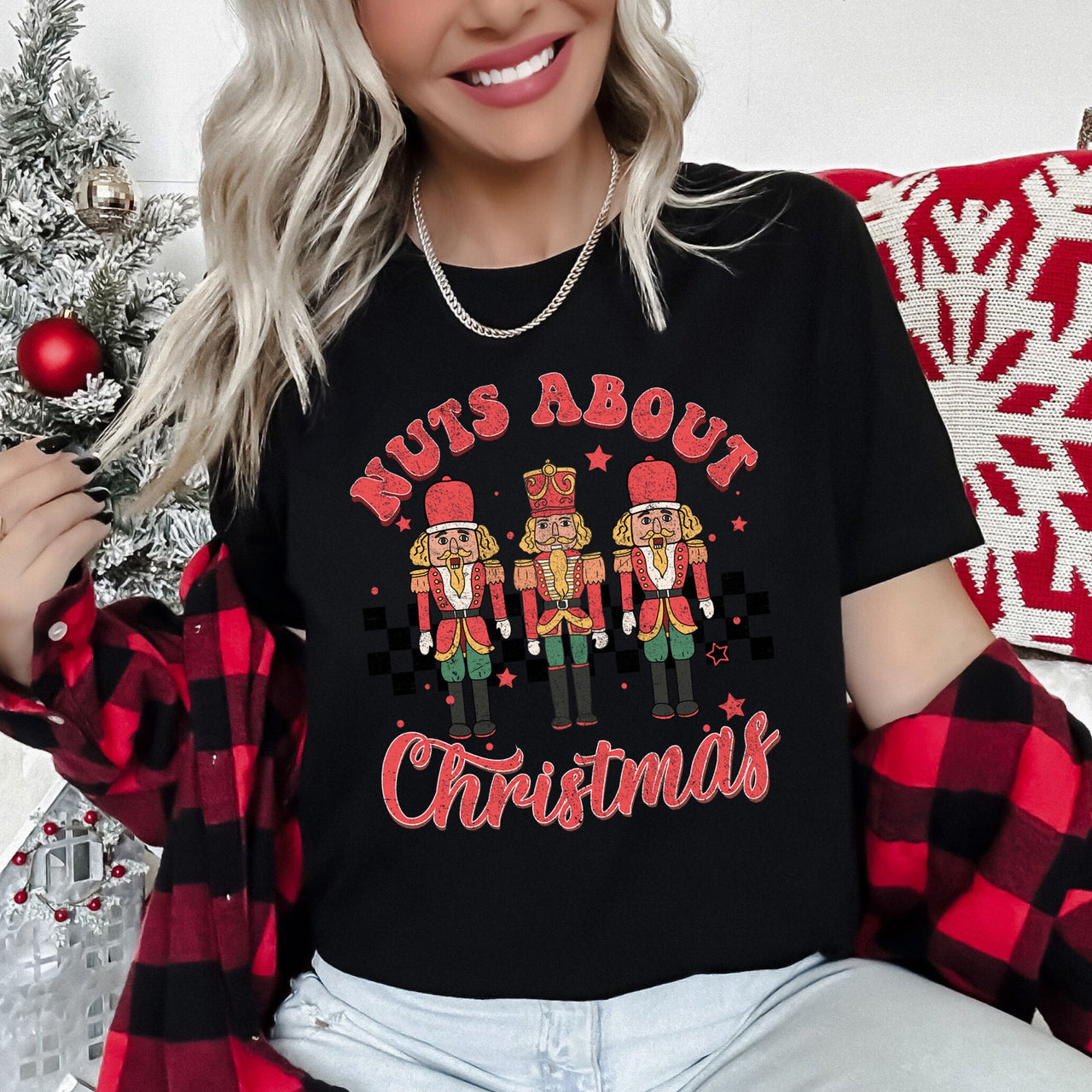 Nuts About Christmas Nutcrackers Retro Checkered Vintage Inspired Limited Graphic Tee
