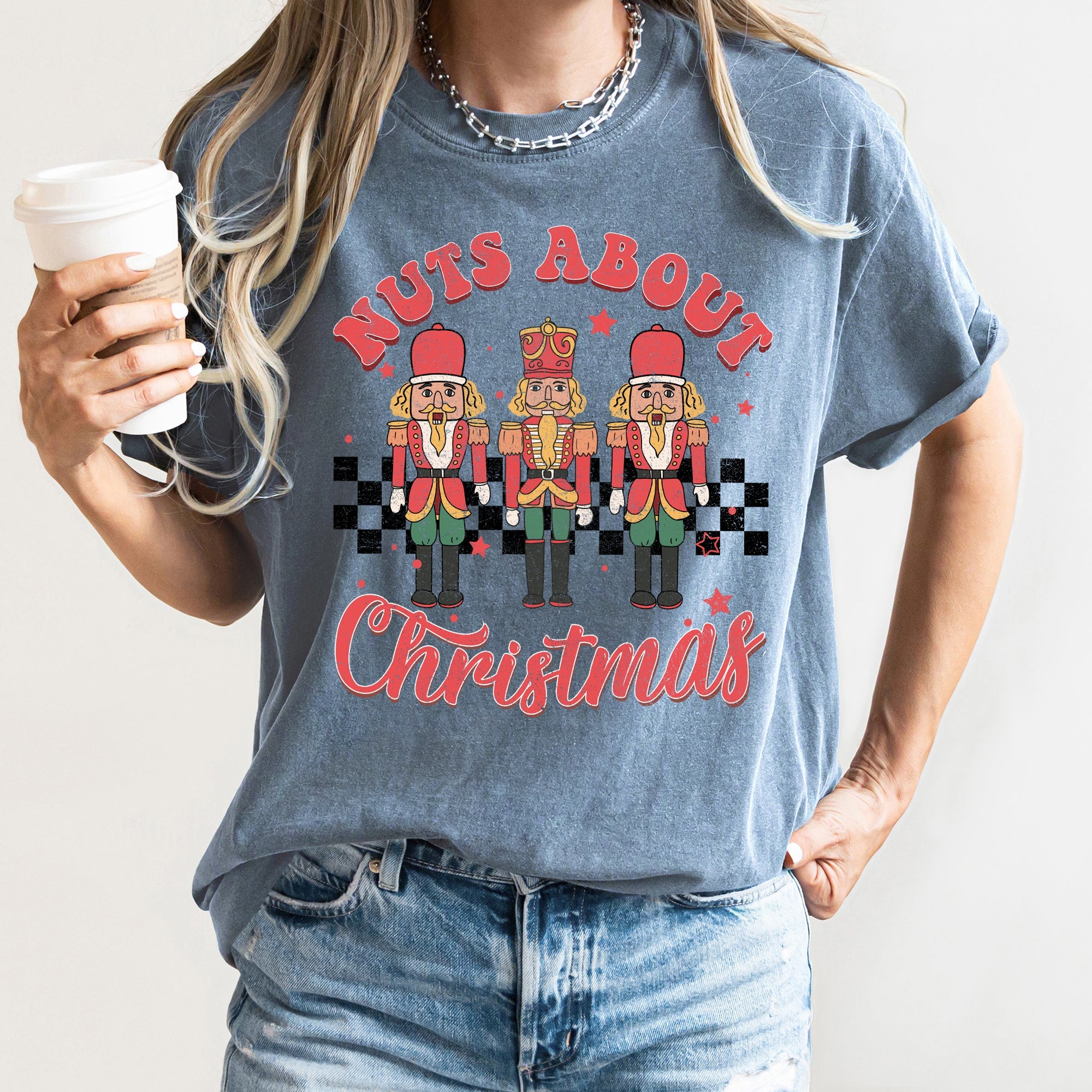 Nuts About Christmas Nutcrackers Retro Checkered Pattern Holiday Vibe Comfort Colors Tee