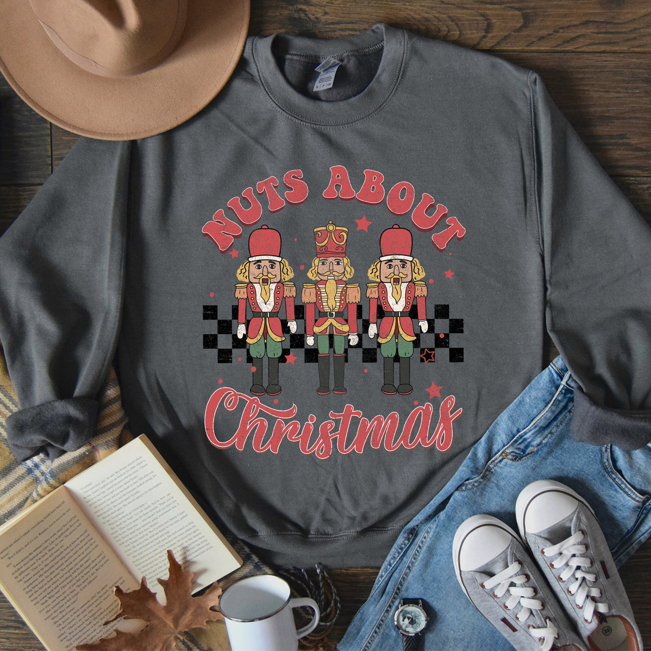 Nuts About Christmas Nutcrackers Retro Checkered Festive Holiday Edition Sweatshirt