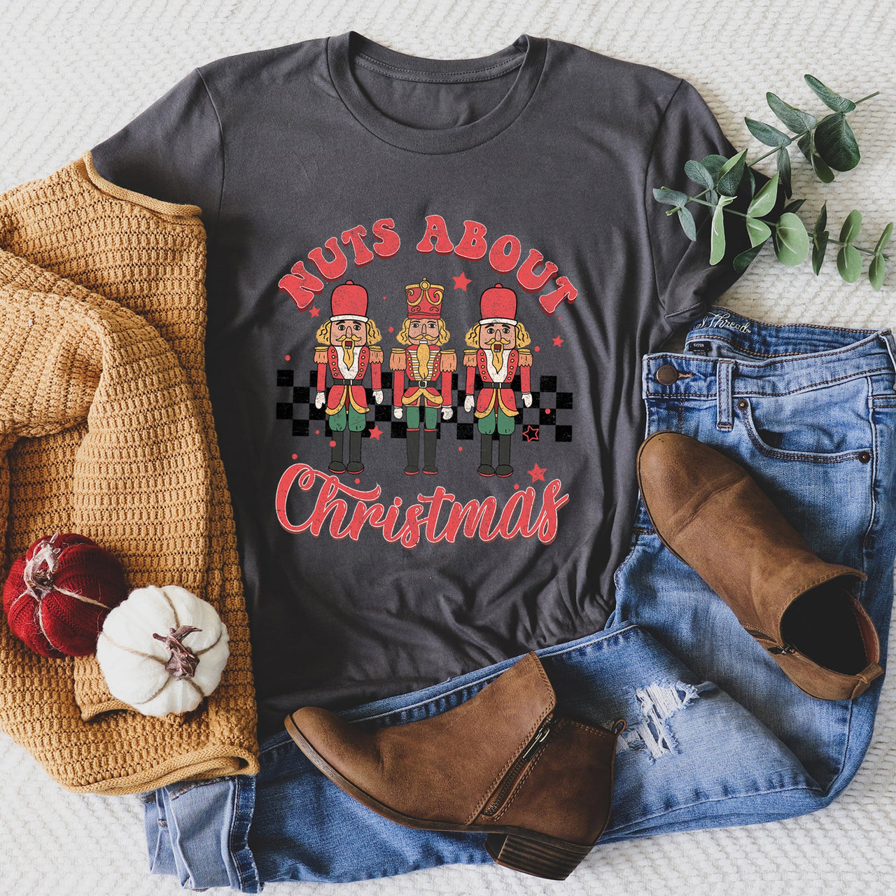 Nuts About Christmas Nutcrackers Retro Checkered Vintage Inspired Limited Graphic Tee