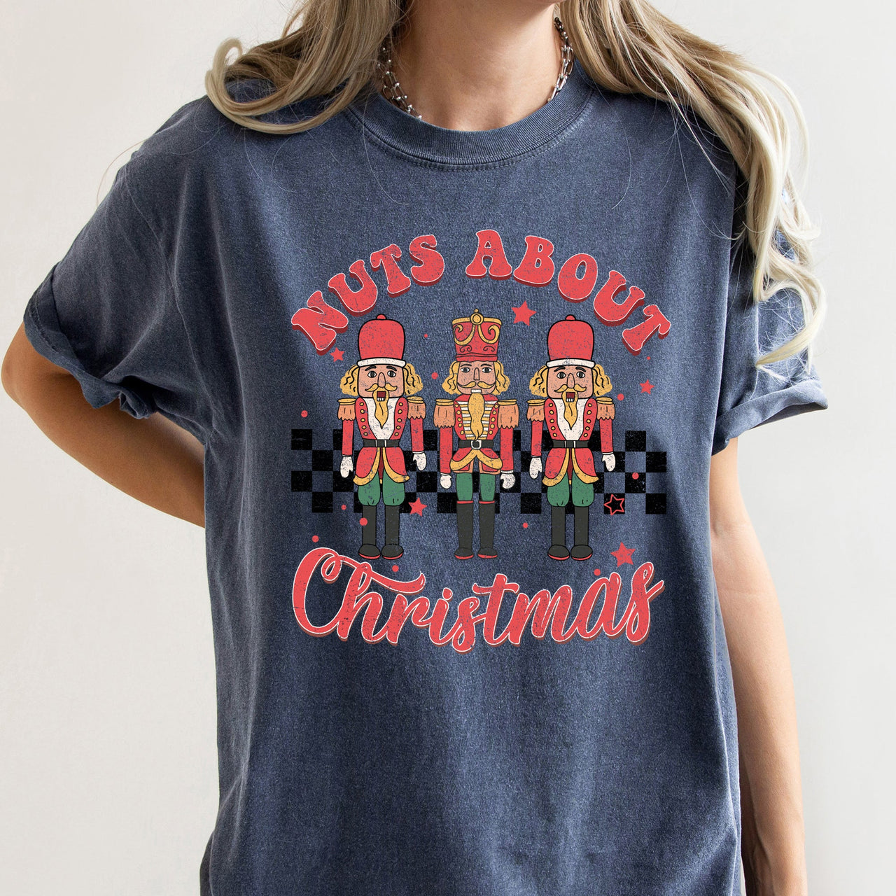 Nuts About Christmas Nutcrackers Retro Checkered Pattern Holiday Vibe Comfort Colors Tee