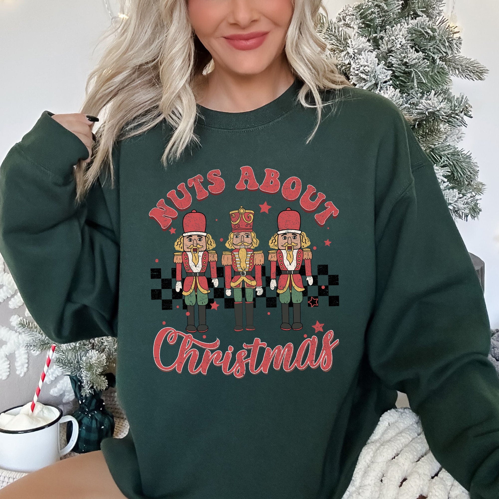 Nuts About Christmas Nutcrackers Retro Checkered Festive Holiday Edition Sweatshirt