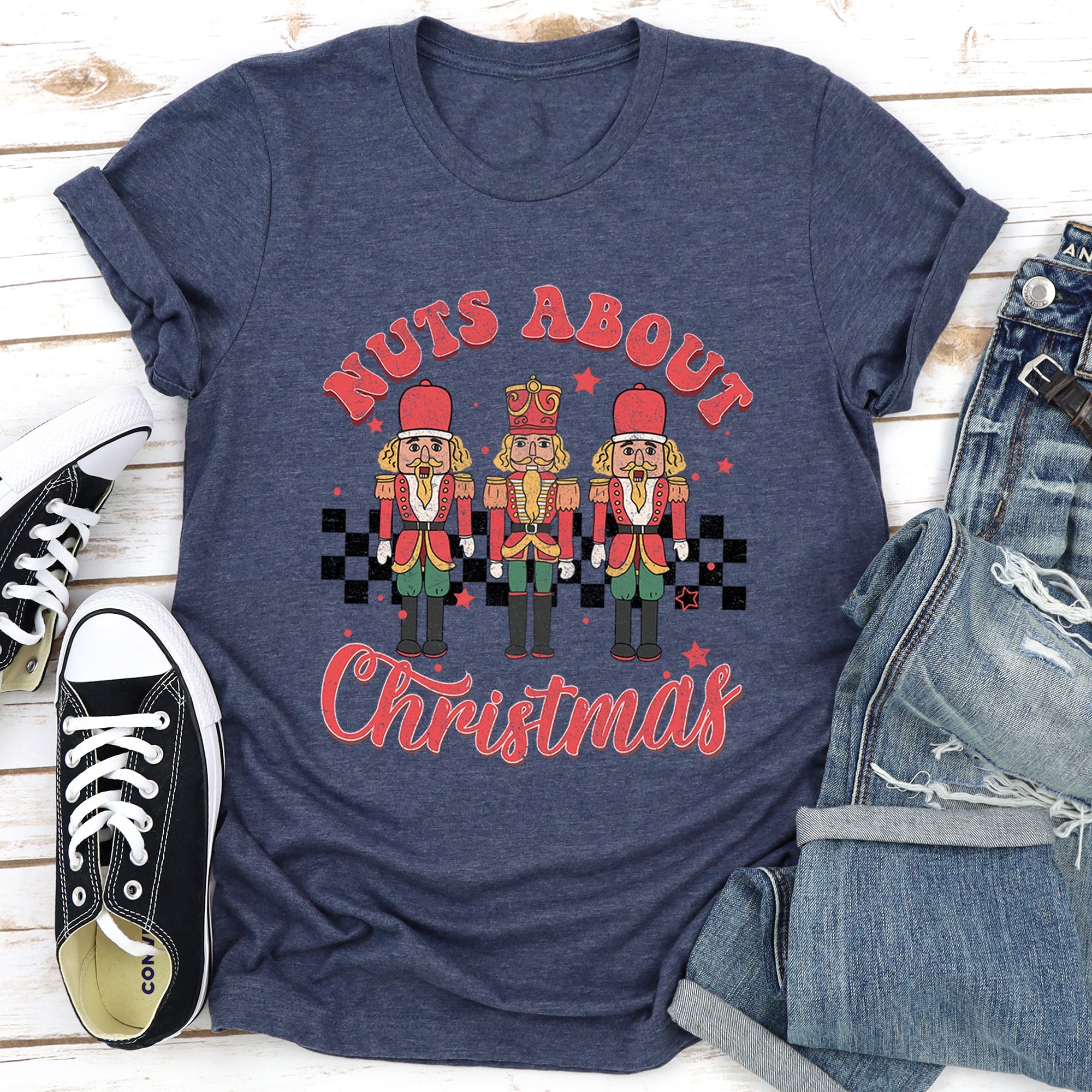 Nuts About Christmas Nutcrackers Retro Checkered Vintage Inspired Limited Graphic Tee