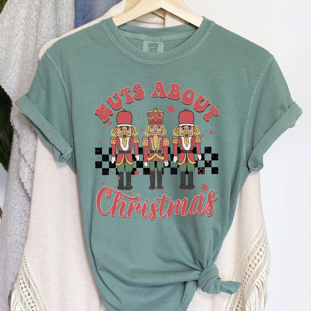 Nuts About Christmas Nutcrackers Retro Checkered Pattern Holiday Vibe Comfort Colors Tee