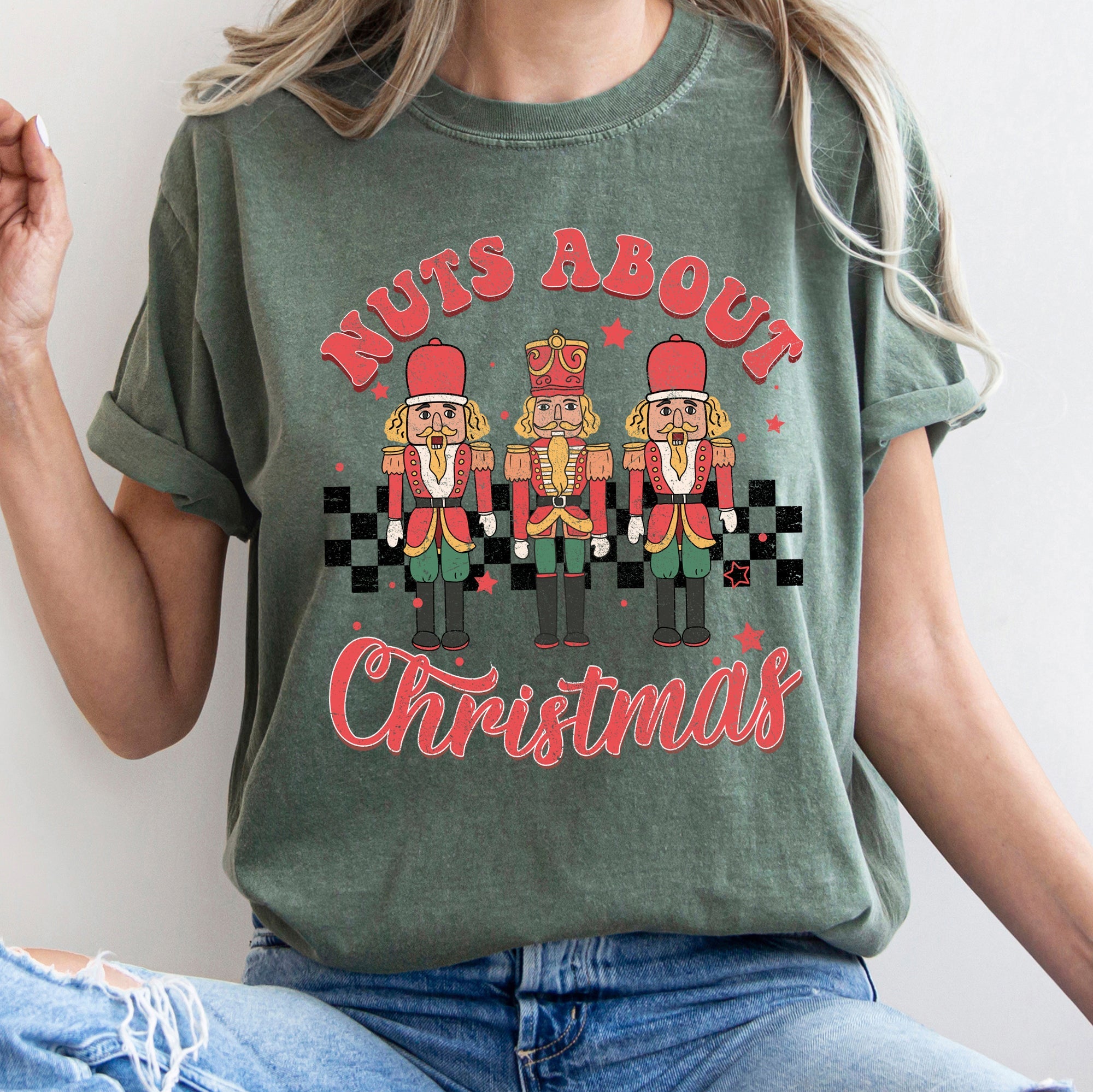 Nuts About Christmas Nutcrackers Retro Checkered Pattern Holiday Vibe Comfort Colors Tee