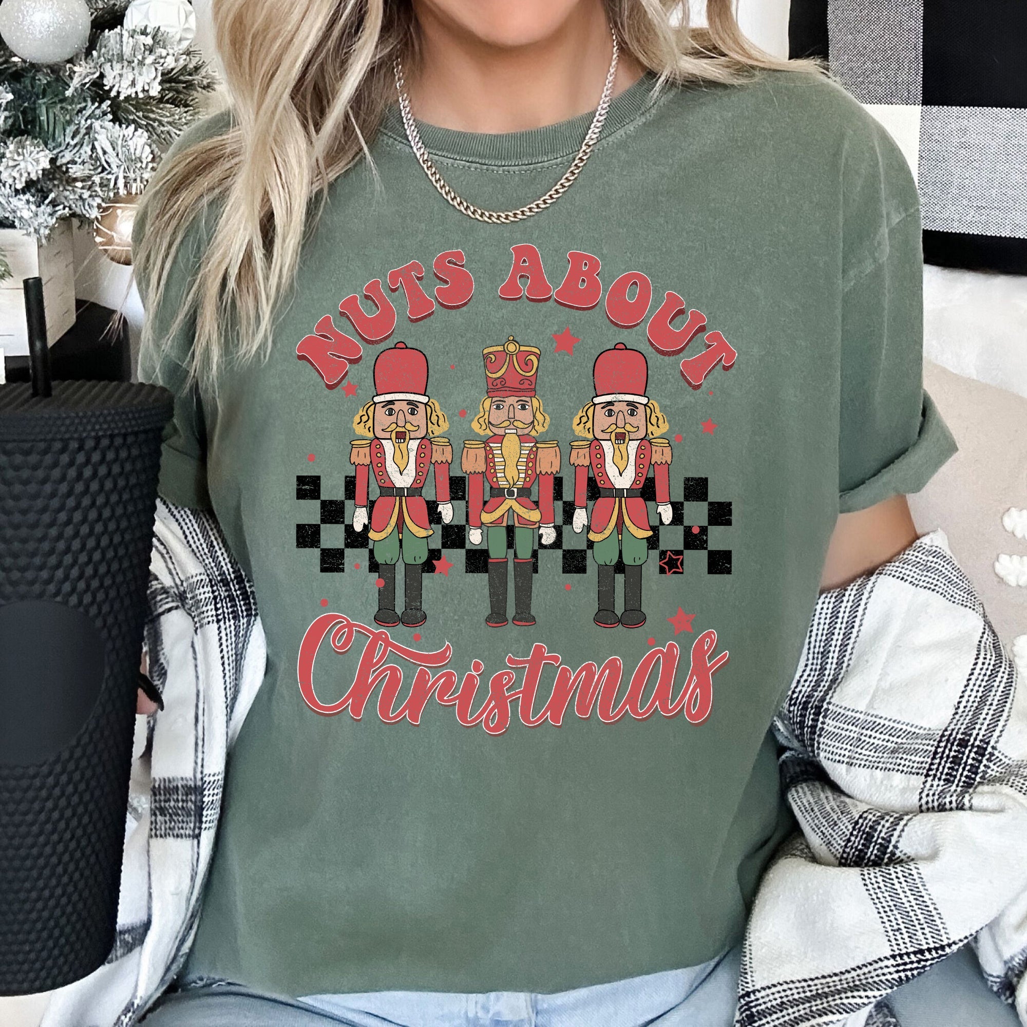 Nuts About Christmas Nutcrackers Retro Checkered Pattern Holiday Vibe Comfort Colors Tee