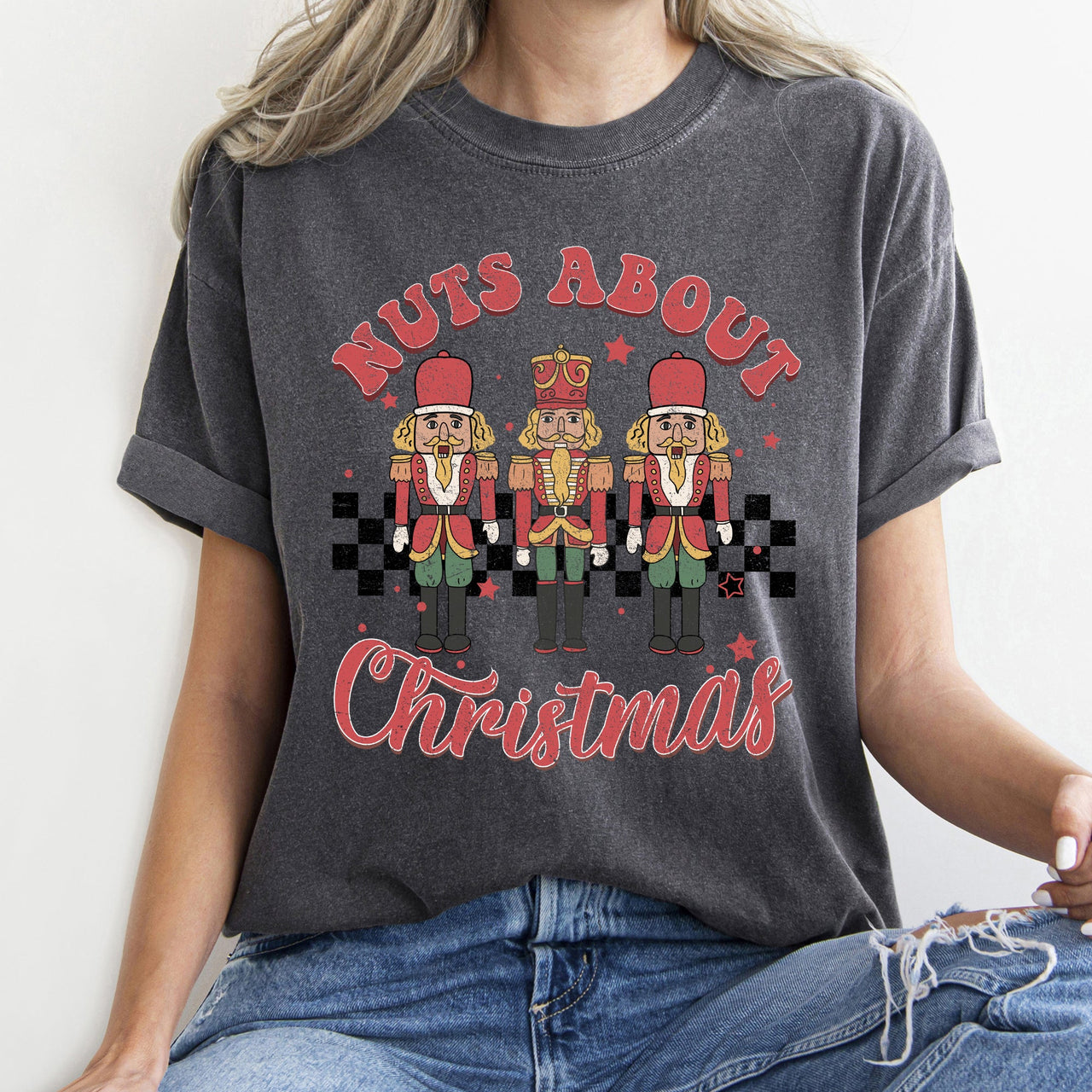 Nuts About Christmas Nutcrackers Retro Checkered Pattern Holiday Vibe Comfort Colors Tee