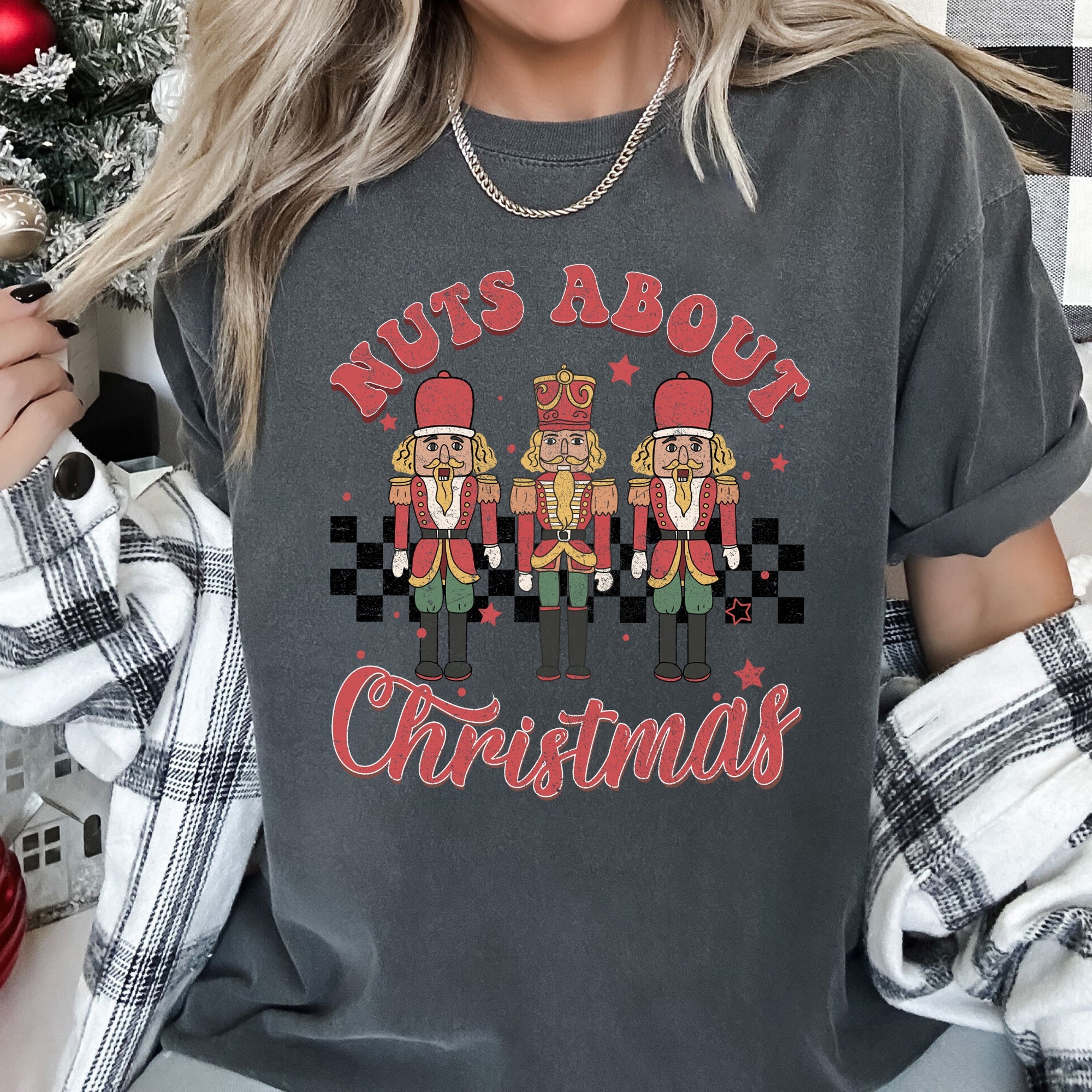 Nuts About Christmas Nutcrackers Retro Checkered Pattern Holiday Vibe Comfort Colors Tee