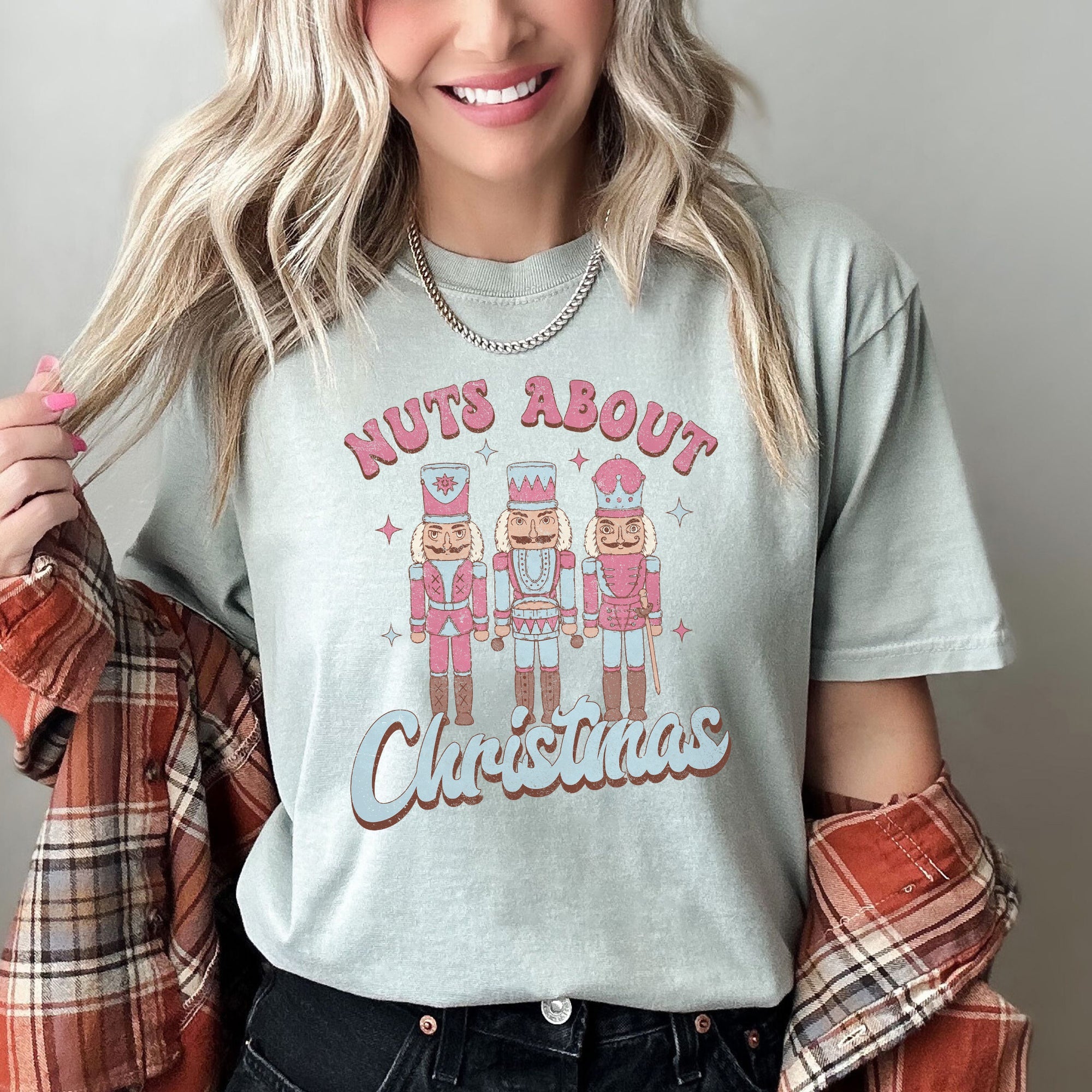 Nuts About Christmas Pink Nutcrackers Seasonal Holiday Joyful Cheer Comfort Colors Tee
