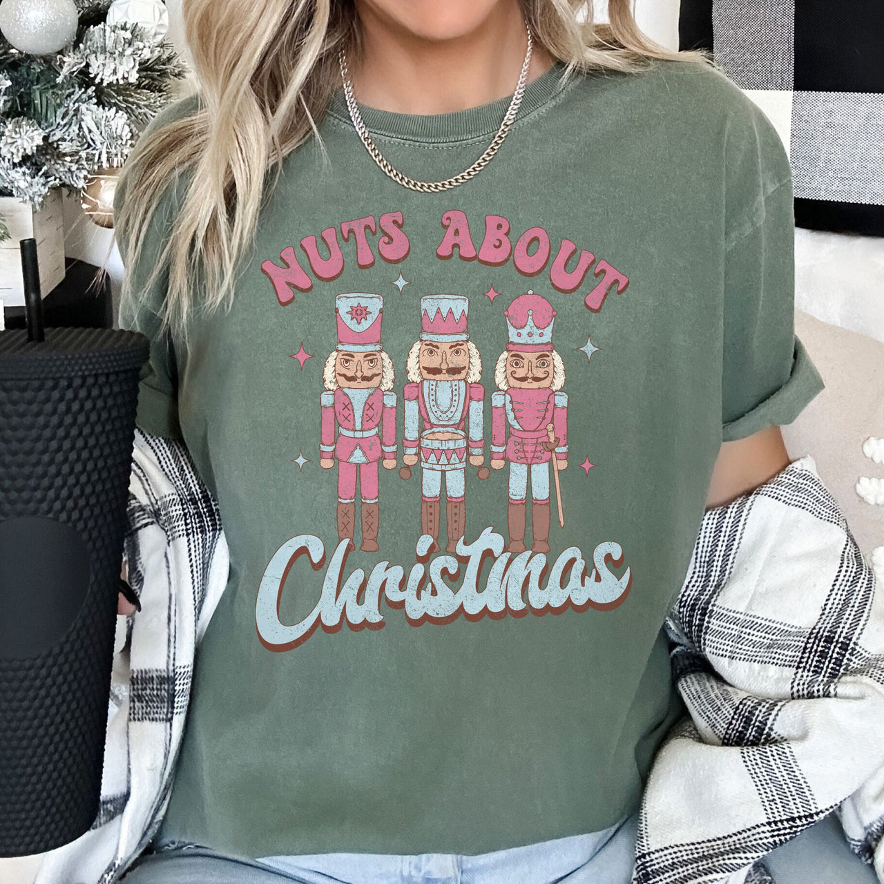 Nuts About Christmas Pink Nutcrackers Festive Nutcracker Scene Comfort Colors Tee