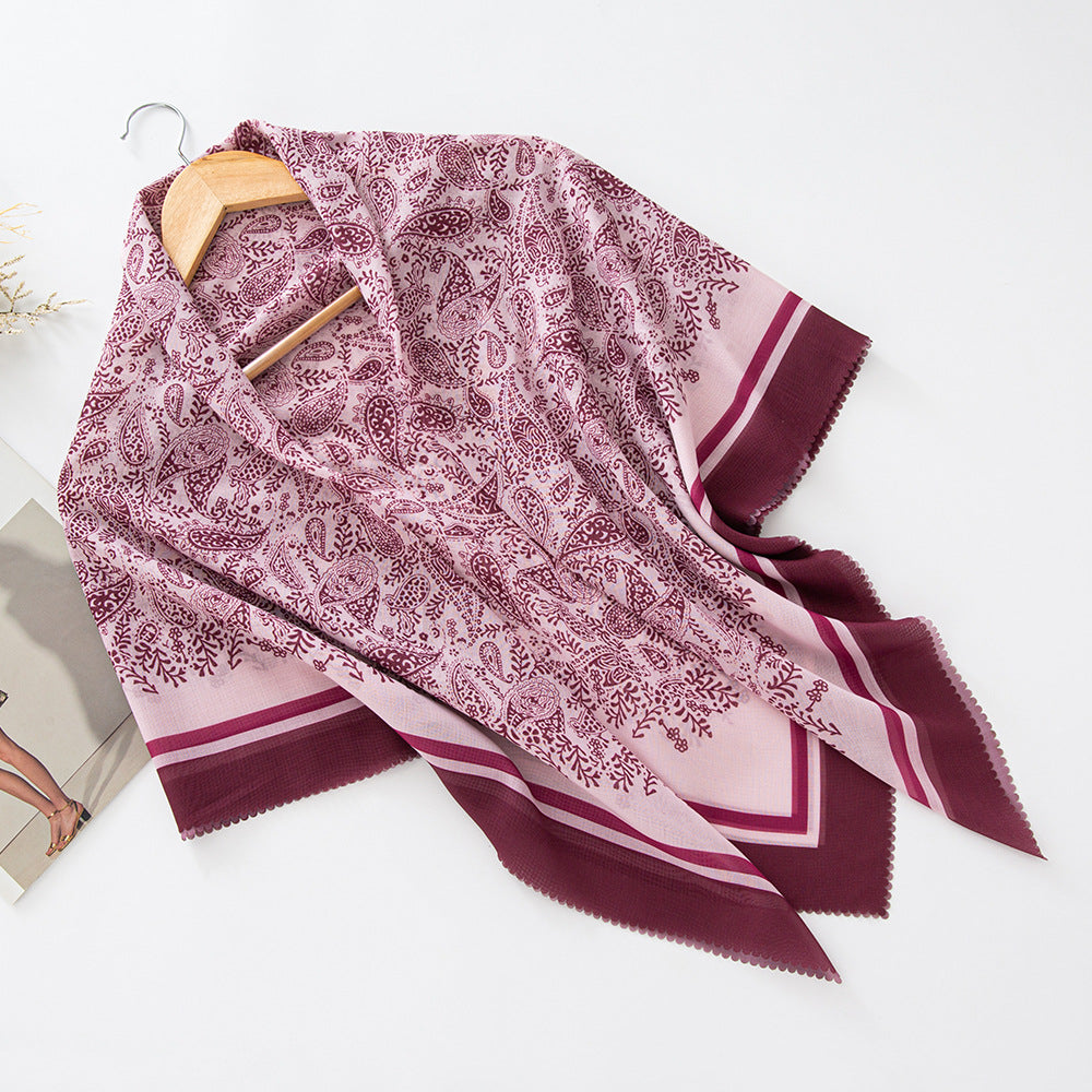 MH072 Square Floral Print Wavy Cut-off Voile Hijab