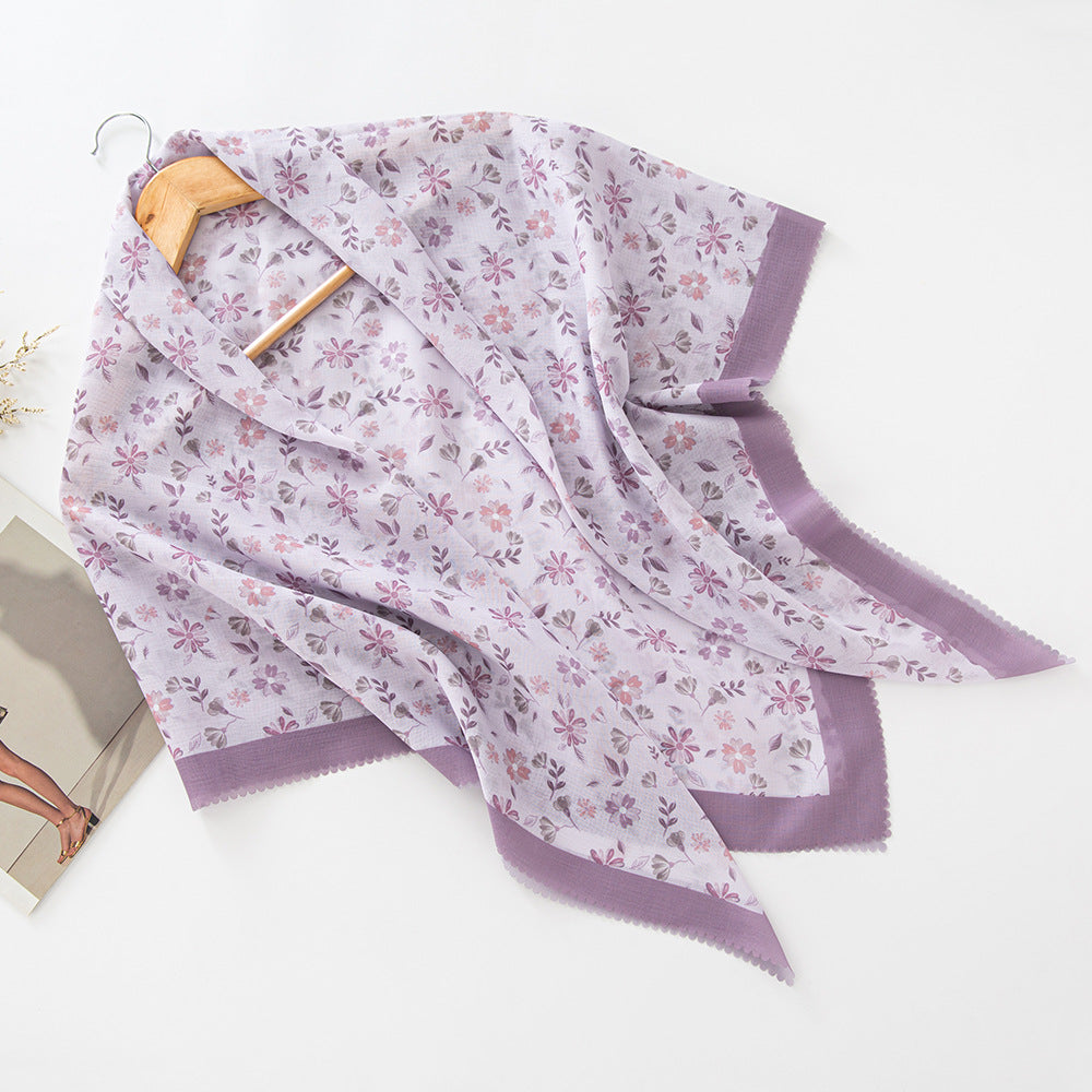 MH072 Square Floral Print Wavy Cut-off Voile Hijab