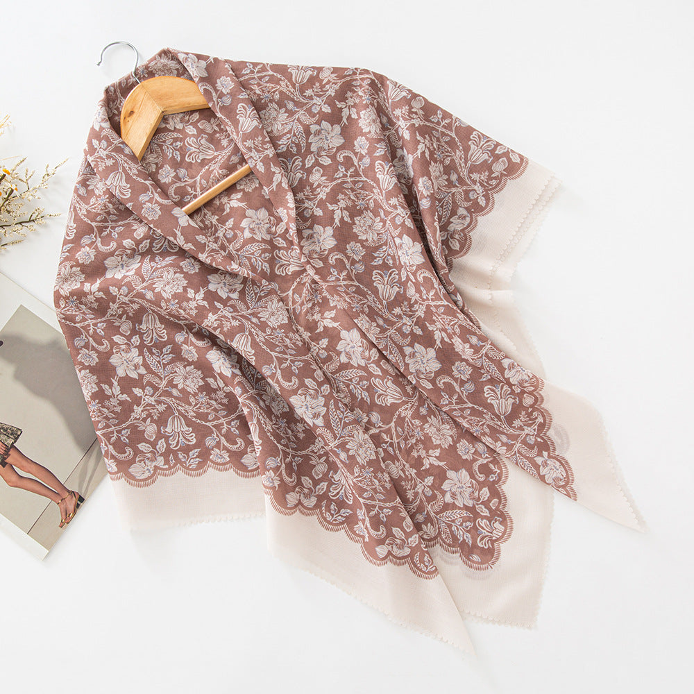 MH072 Square Floral Print Wavy Cut-off Voile Hijab