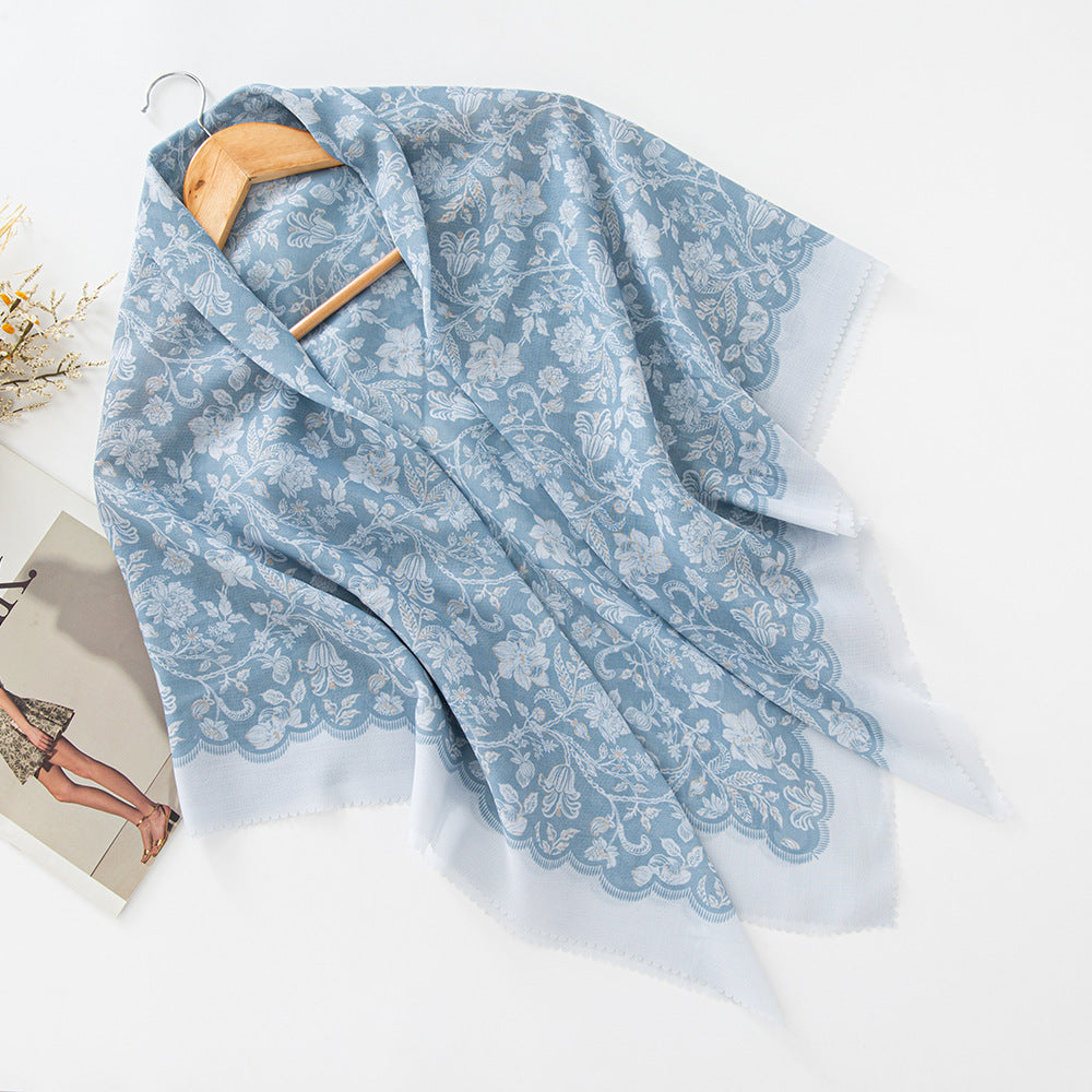 MH072 Square Floral Print Wavy Cut-off Voile Hijab