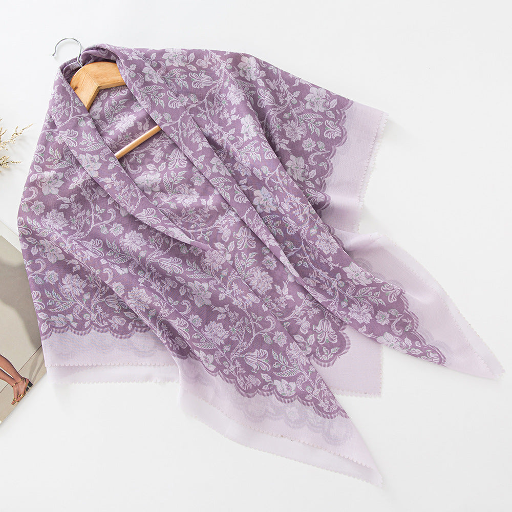 MH072 Square Floral Print Wavy Cut-off Voile Hijab
