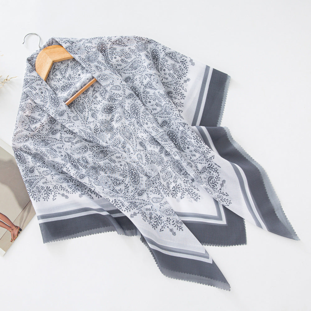 MH072 Square Floral Print Wavy Cut-off Voile Hijab