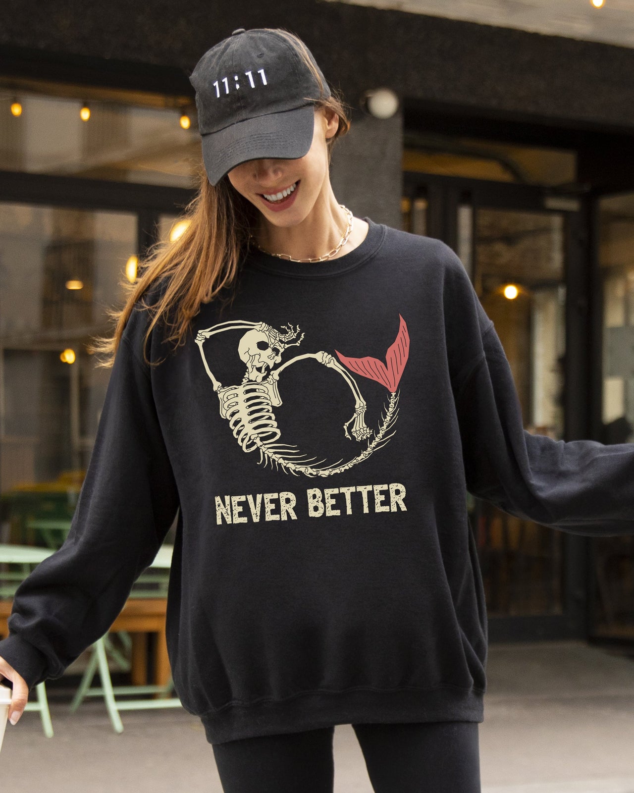 Never Better Mermaid Skeleton Ghost Witch Aesthetic Meme Halloween Spooky Sweatshirt