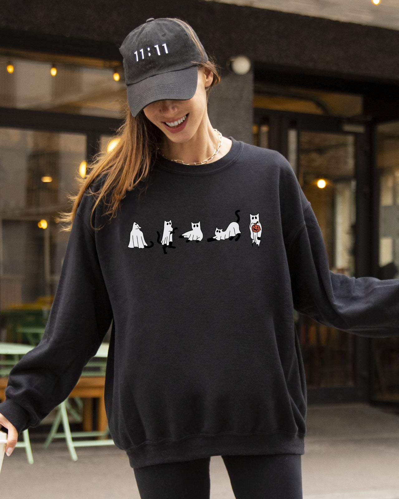 Cat Ghosts Skeleton Funny Witch Aesthetic Meme Halloween Spooky Costume Sweatshirt