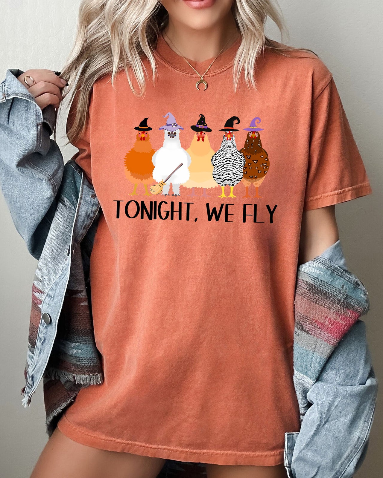Tonight We Fly Chickens Skeleton Witch Spooky Halloween Moonlit Graveyard Bats Comfort Colors Tee