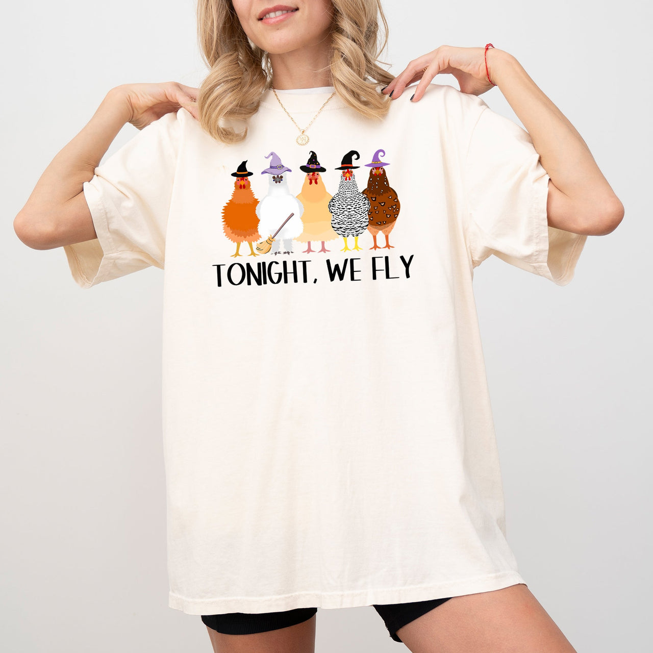 Tonight We Fly Chickens Skeleton Witch Spooky Halloween Moonlit Graveyard Bats Comfort Colors Tee