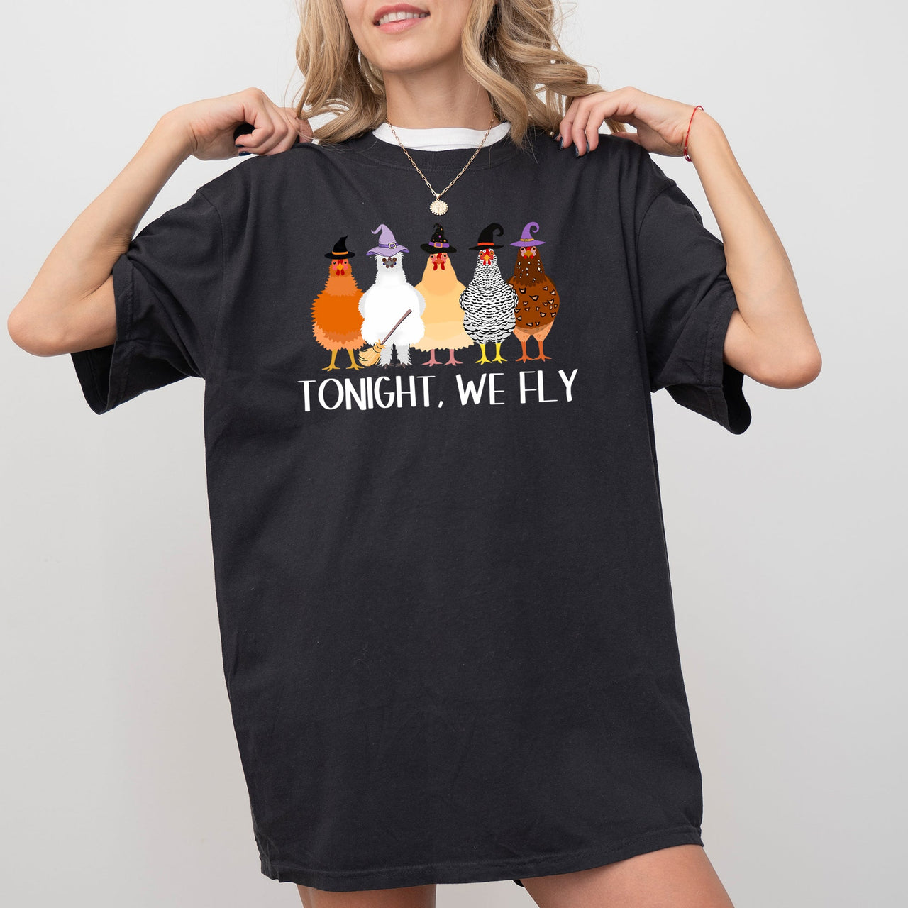 Tonight We Fly Chickens Skeleton Witch Spooky Halloween Moonlit Graveyard Bats Comfort Colors Tee