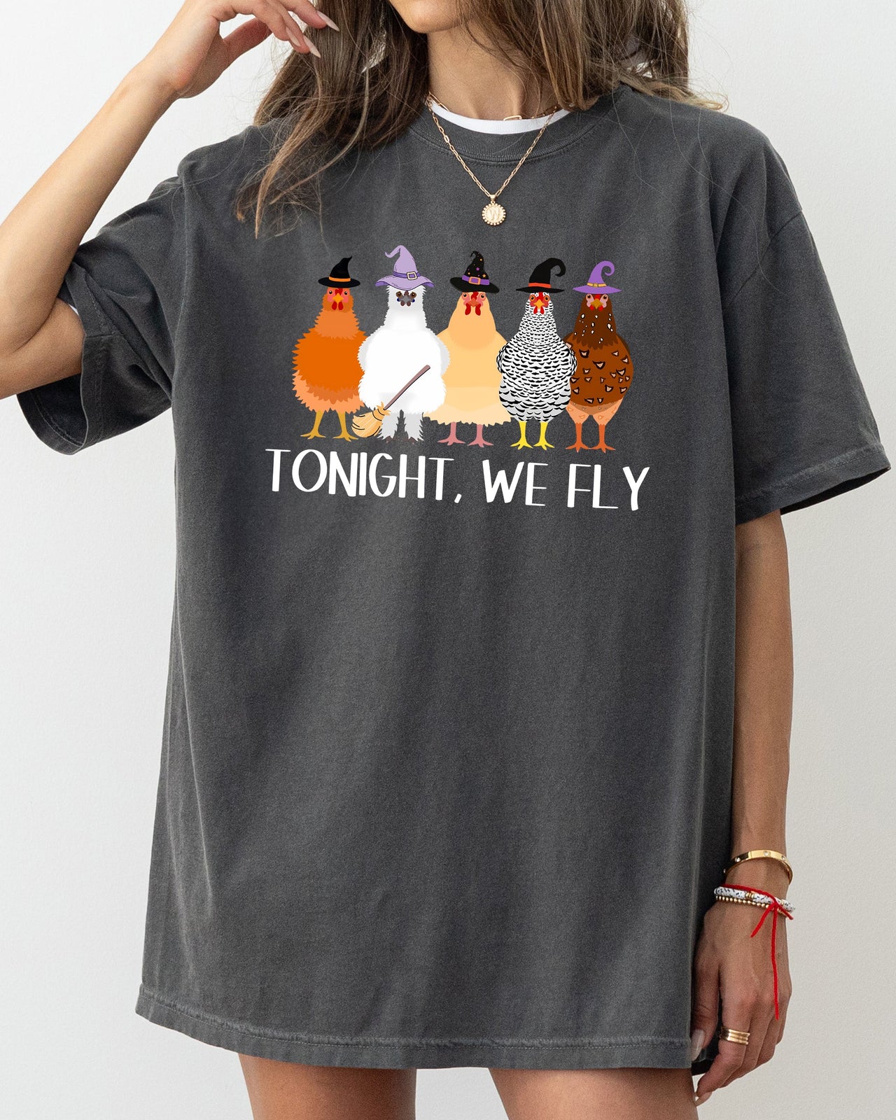 Tonight We Fly Chickens Skeleton Witch Spooky Halloween Moonlit Graveyard Bats Comfort Colors Tee