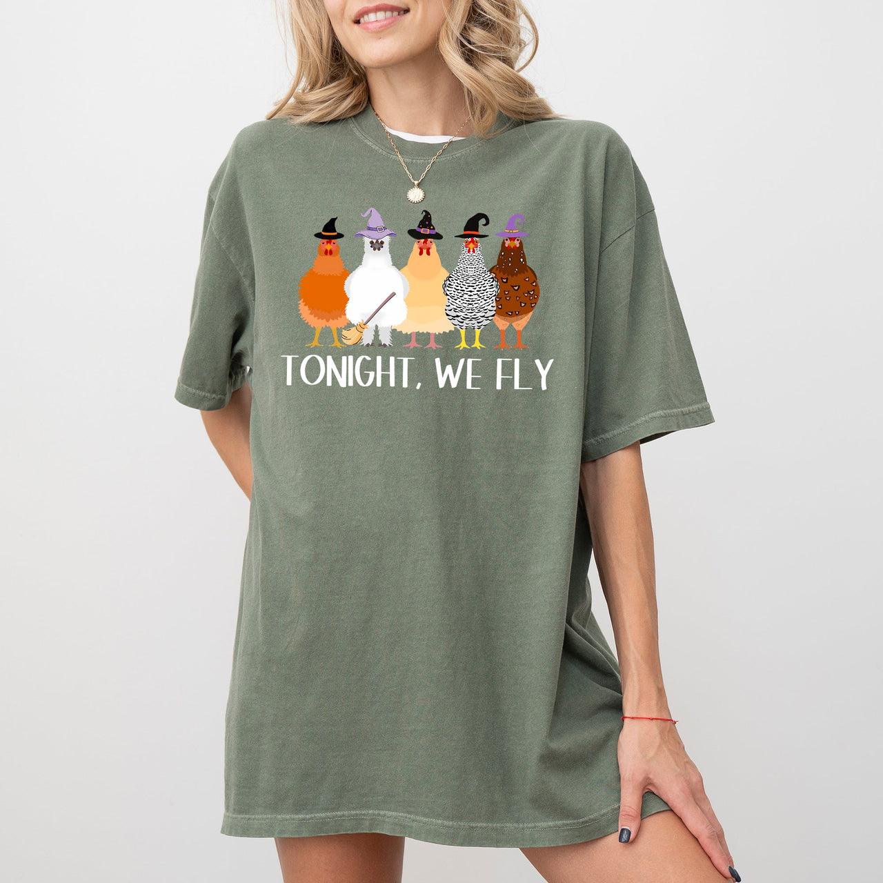 Tonight We Fly Chickens Skeleton Witch Spooky Halloween Moonlit Graveyard Bats Comfort Colors Tee