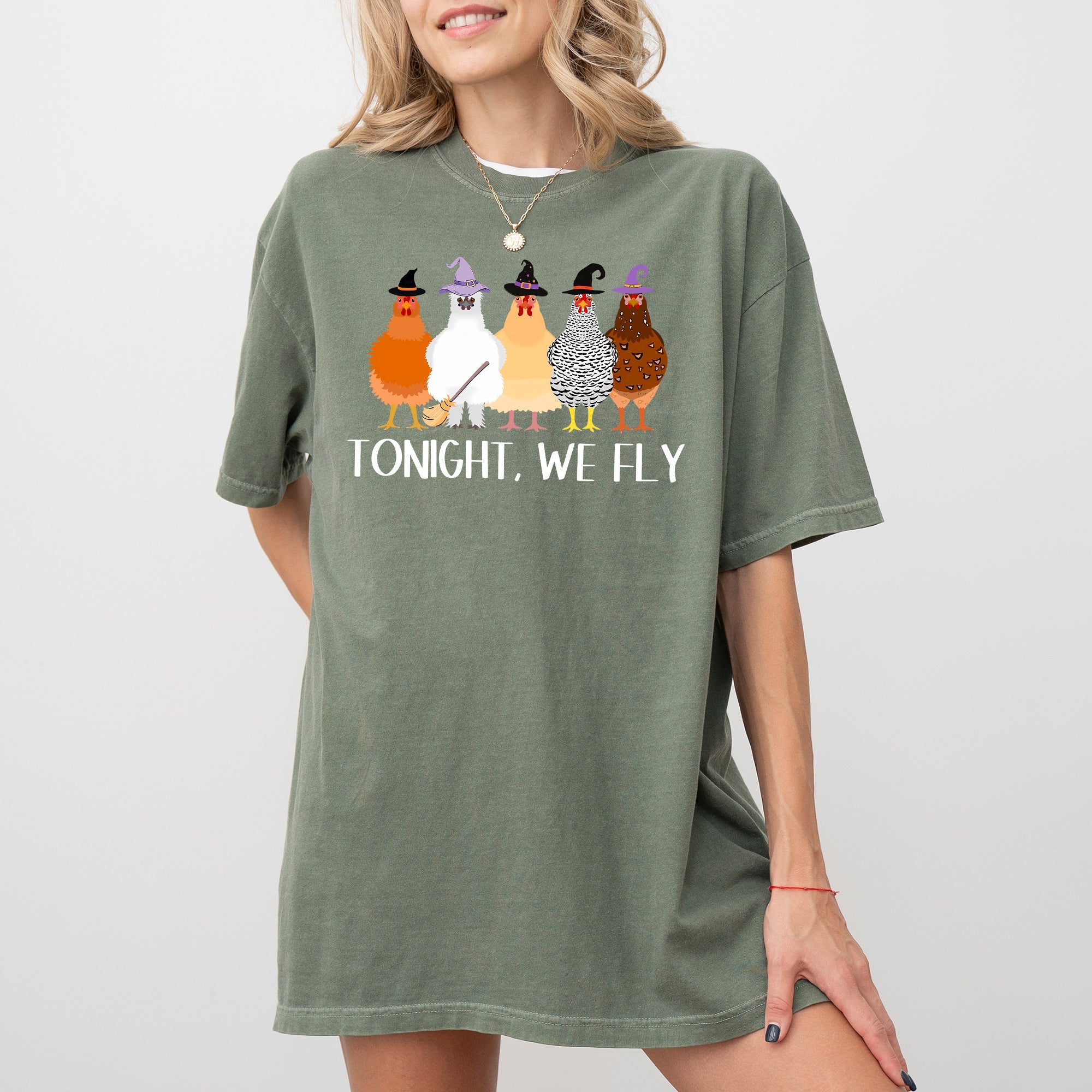Tonight We Fly Chickens Skeleton Witch Spooky Halloween Moonlit Graveyard Bats Comfort Colors Tee