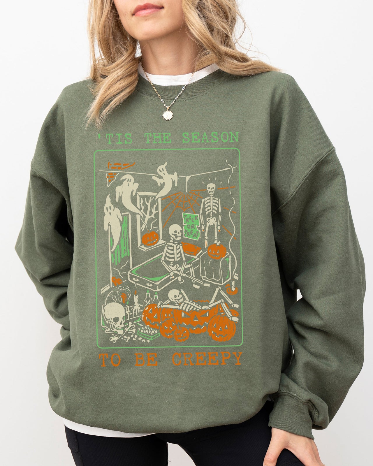 Tis The Season Creepy Spooky Skeleton Witch Halloween Costume Graphic Sweatshirt