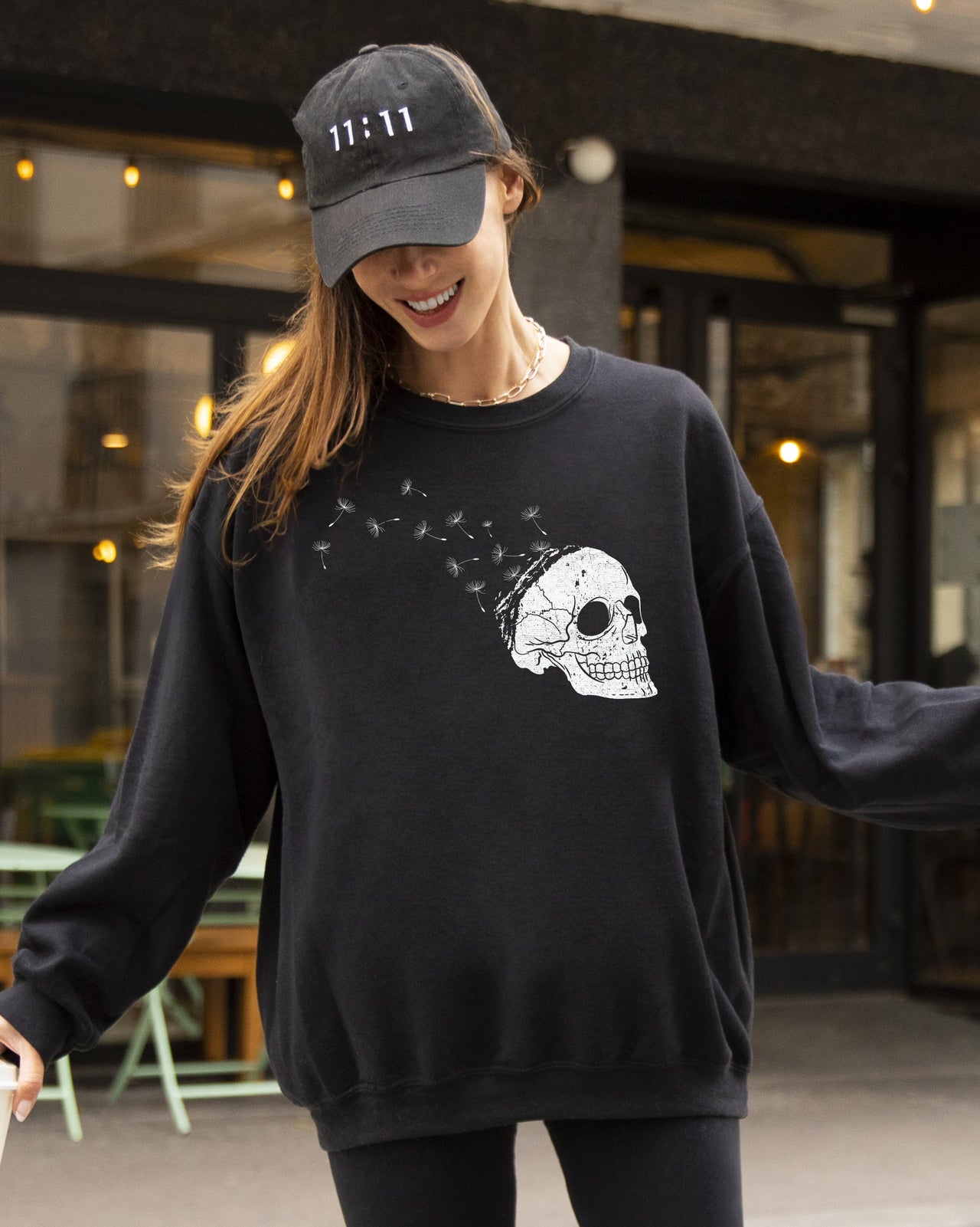Dandelion Skull Spooky Skeleton Witch Halloween Meme Gothic Graphic Print Sweatshirt