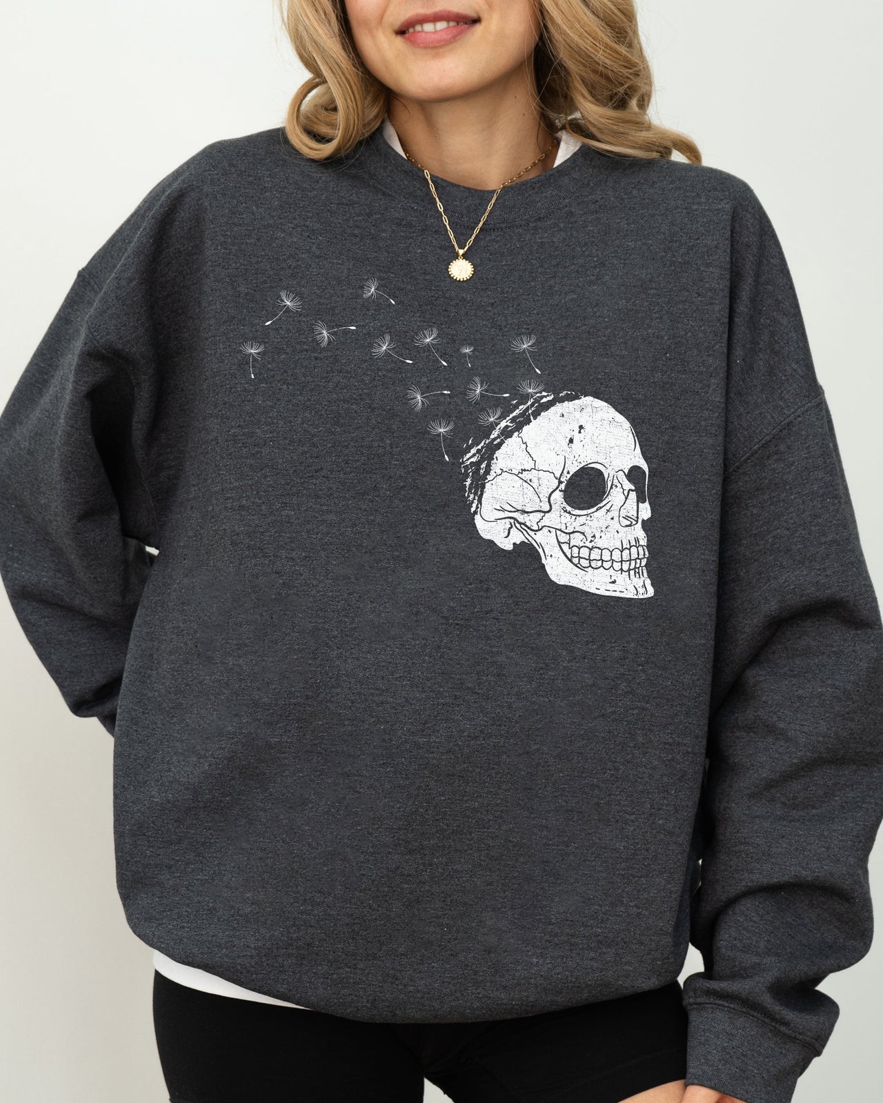 Dandelion Skull Spooky Skeleton Witch Halloween Meme Gothic Graphic Print Sweatshirt