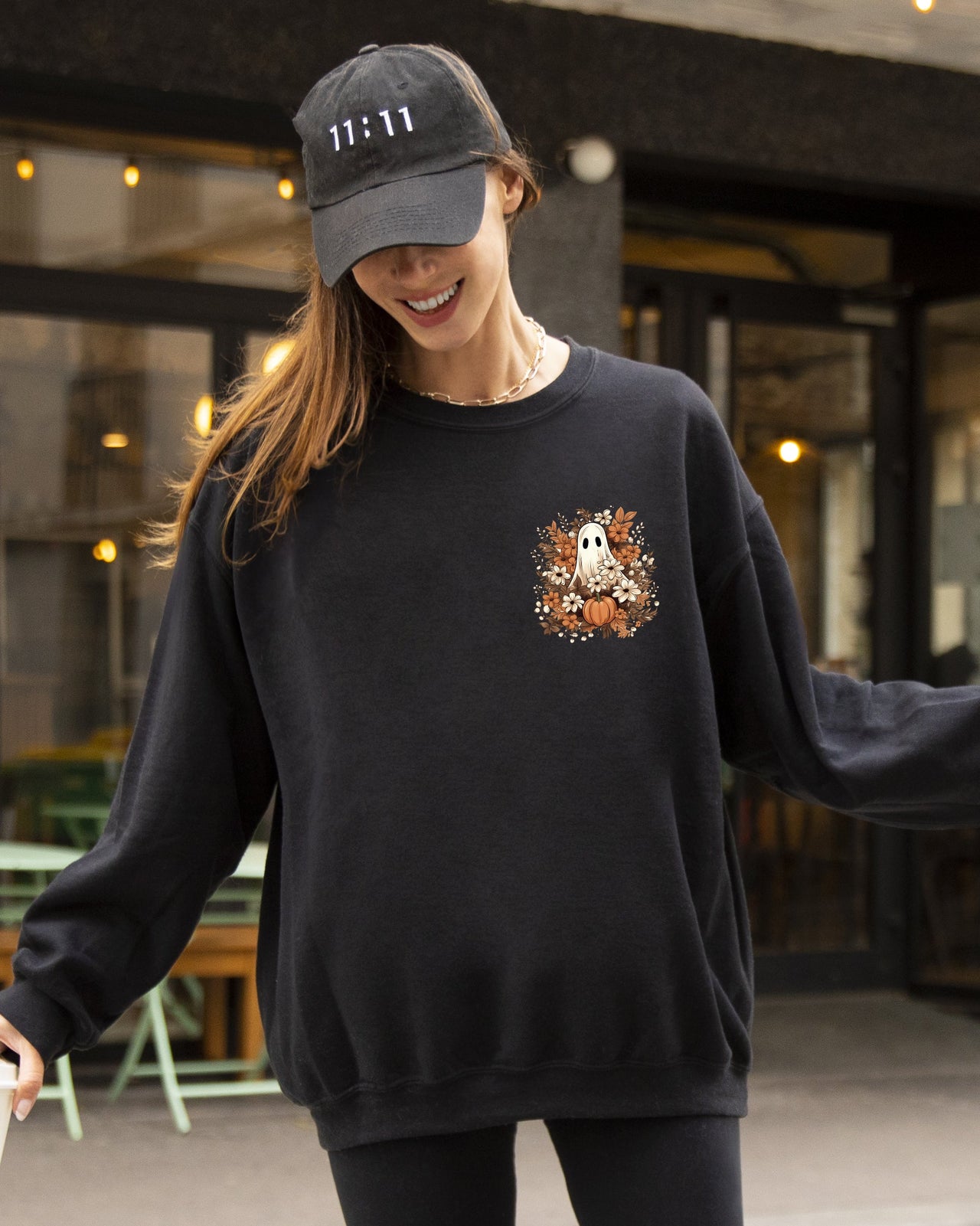 Floral Ghost Pocket Skeleton Spooky Witch Aesthetic Meme Halloween Costume Sweatshirt