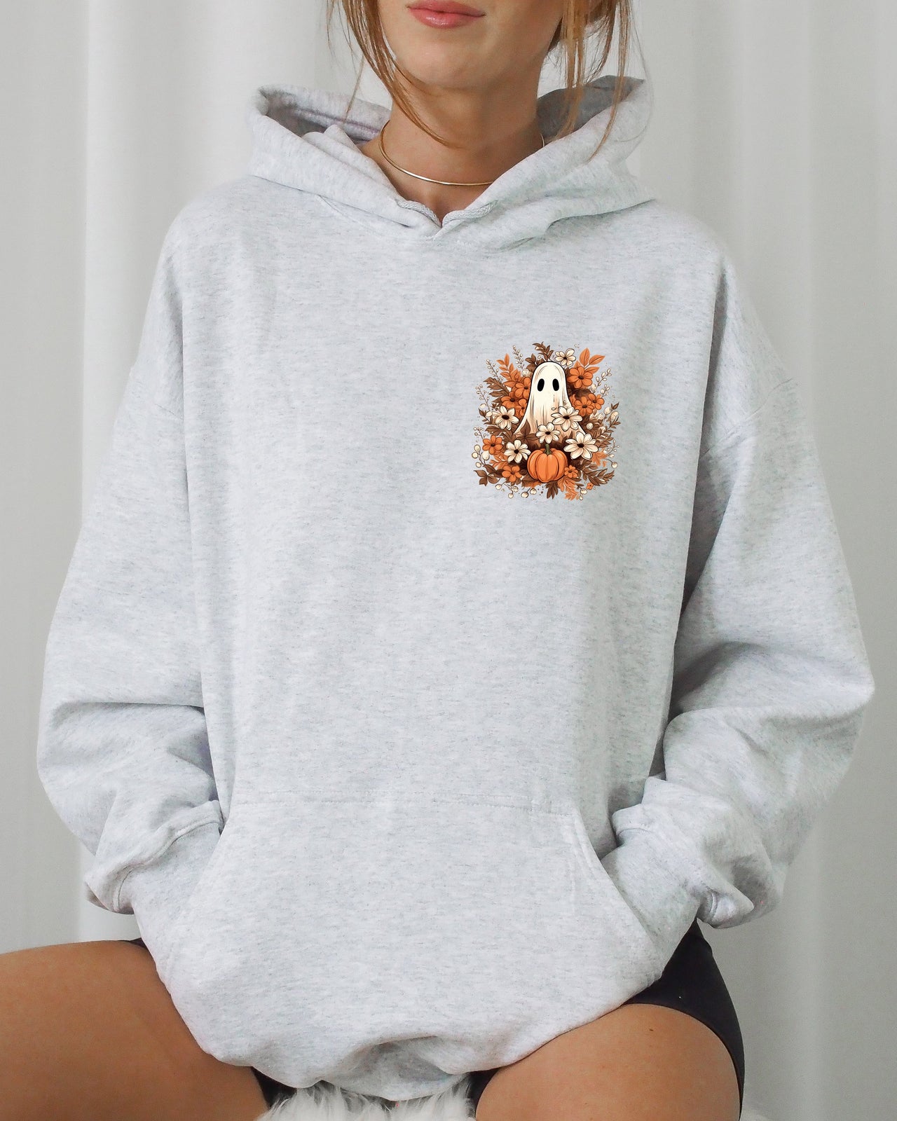 Floral Ghost Pocket Skeleton Spooky Witch Halloween Costume Illustration Design Hoodie