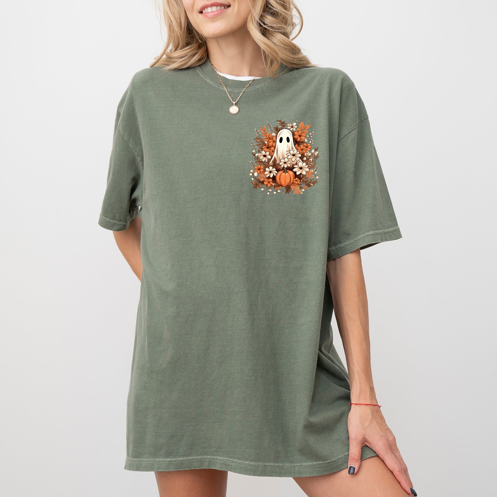 Floral Ghost Pocket Skeleton Spooky Witch Aesthetic Meme Halloween Costume Comfort Colors Tee