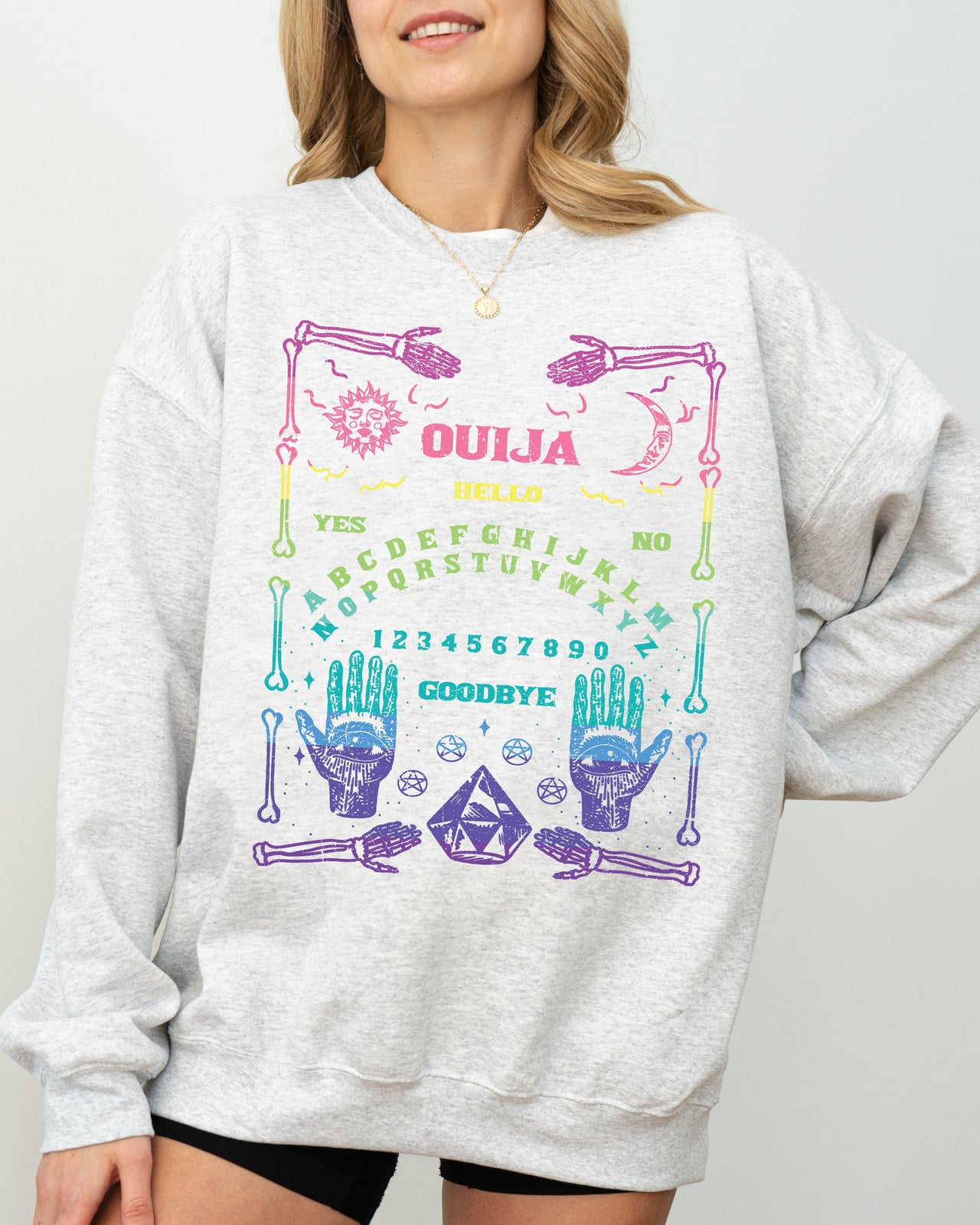 Spirit Board Ouija Skeleton Spooky Witch Halloween Costume Meme Graphic Sweatshirt