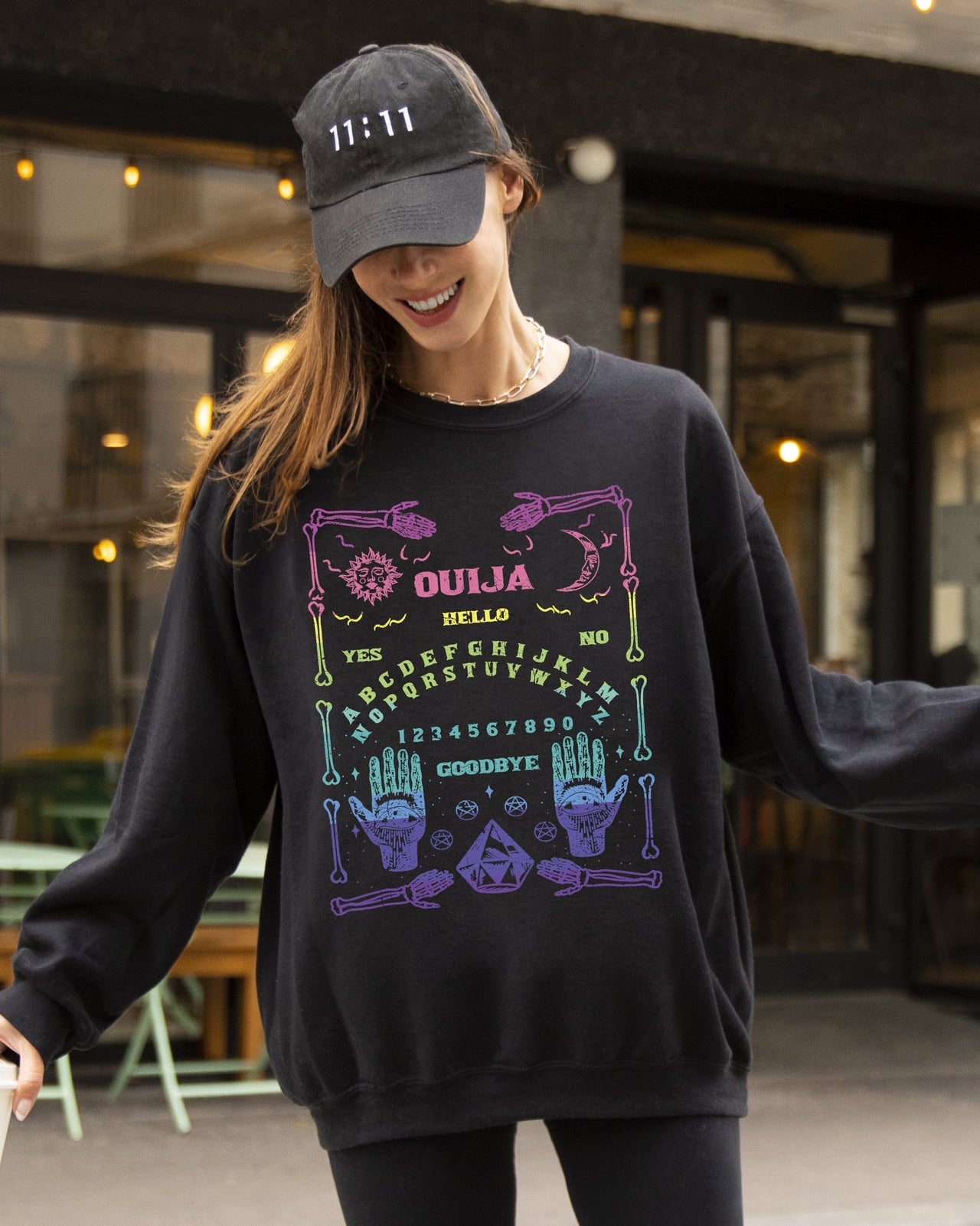 Spirit Board Ouija Skeleton Spooky Witch Halloween Costume Meme Graphic Sweatshirt