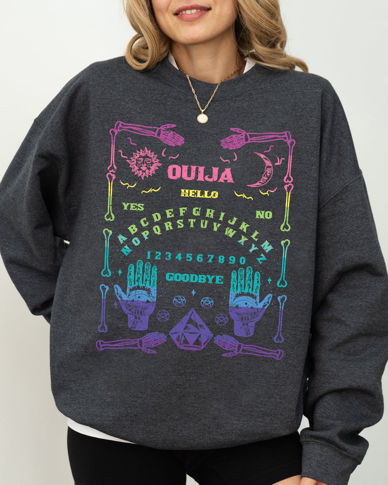 Spirit Board Ouija Skeleton Spooky Witch Halloween Costume Meme Graphic Sweatshirt
