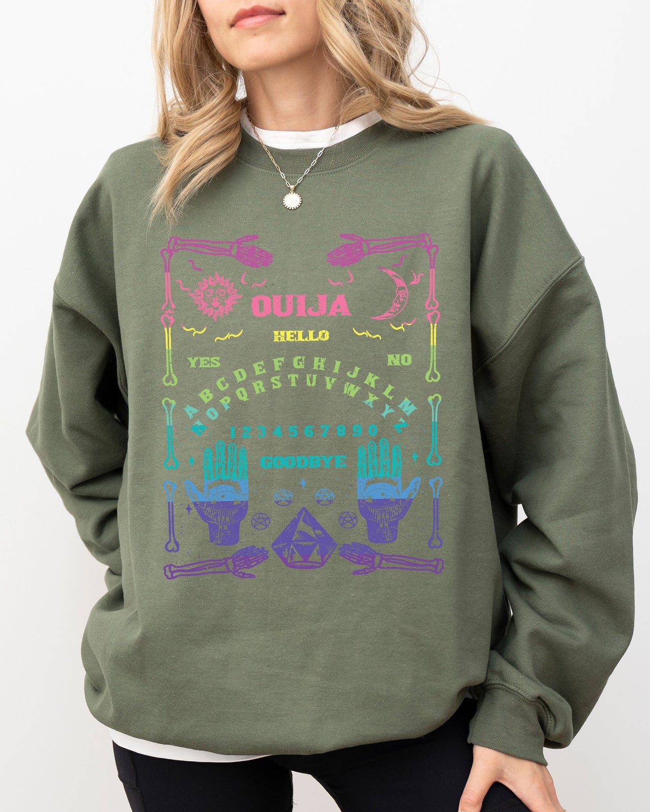 Spirit Board Ouija Skeleton Spooky Witch Halloween Costume Meme Graphic Sweatshirt