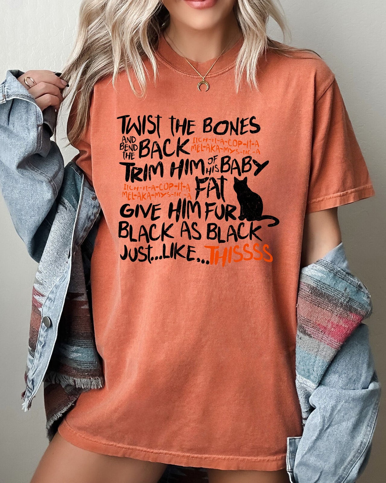 Twist The Bones Cat Skeleton Spooky Ghost Witch Halloween Graphic Comfort Colors Tee