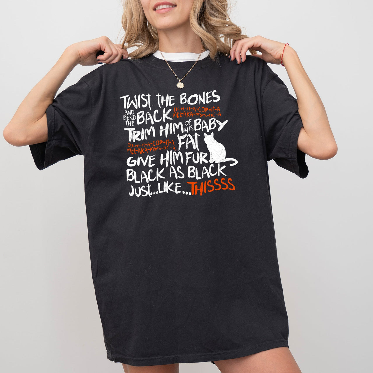 Twist The Bones Cat Skeleton Spooky Ghost Witch Halloween Graphic Comfort Colors Tee